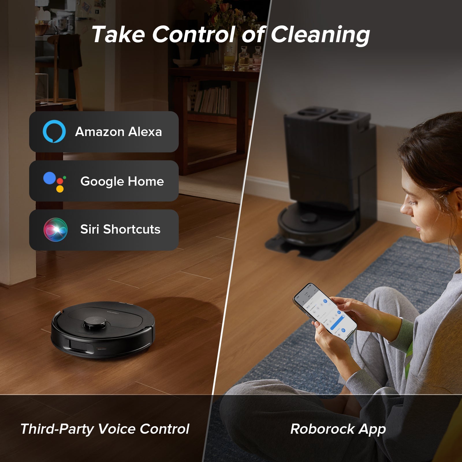 Black robot vacuum with smartphone app remote control and dock in view