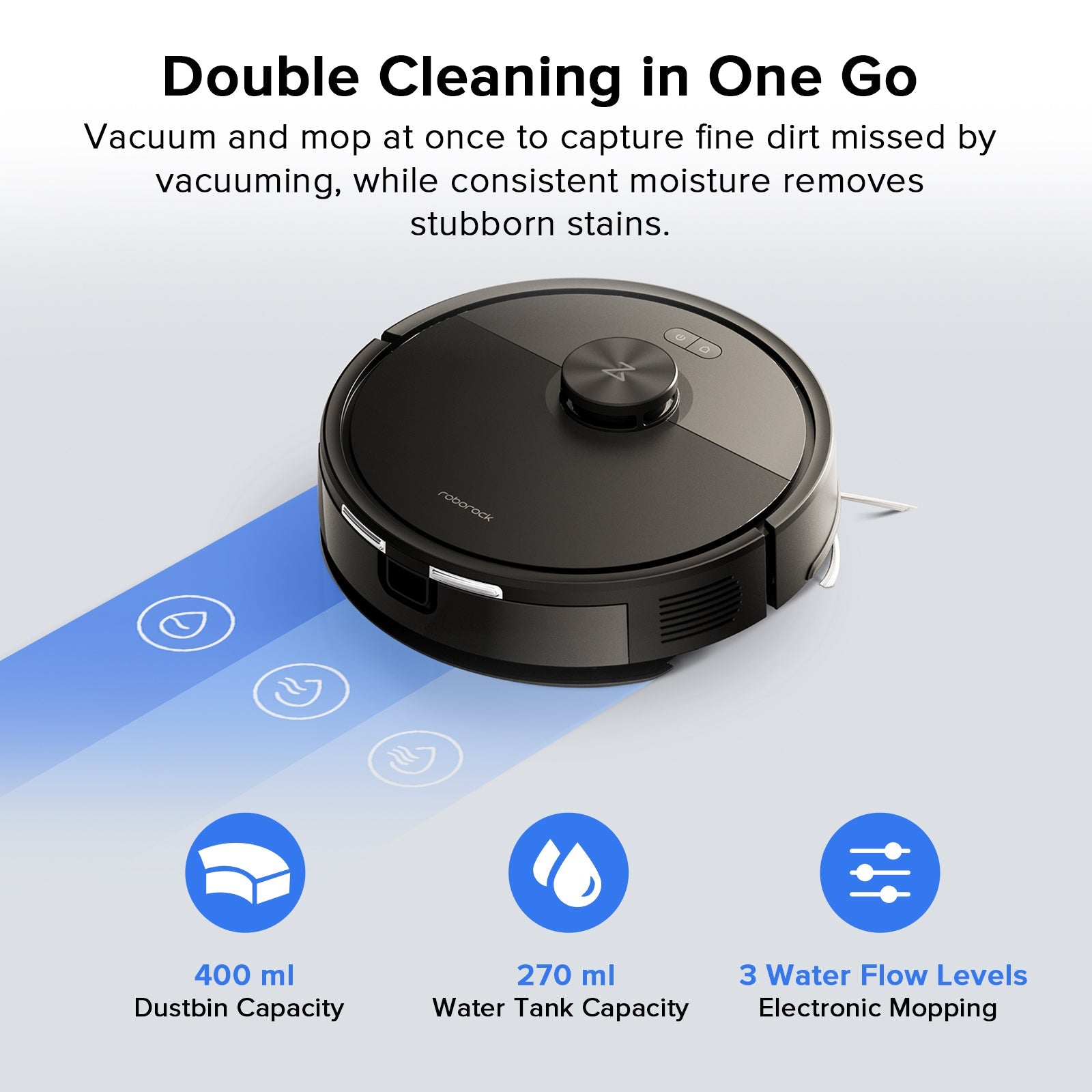 Black robot vacuum showing dustbin and water tank for vacuum and mopping