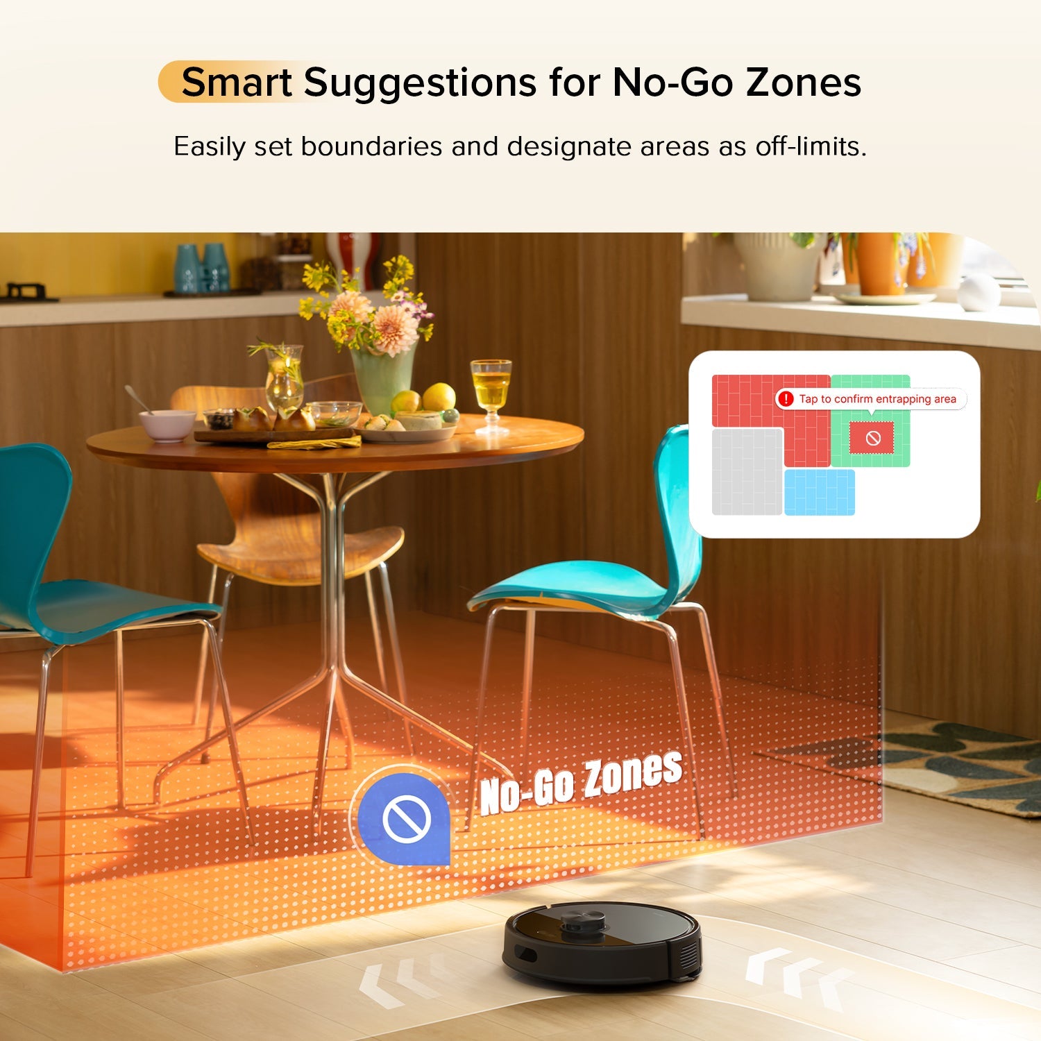 Black robot vacuum and mop with virtual no-go zone boundary on the floor