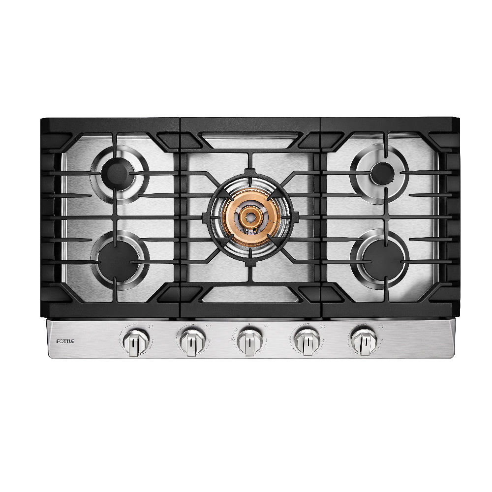 Stainless steel gas cooktop with five burners, black grates, control knobs along bottom