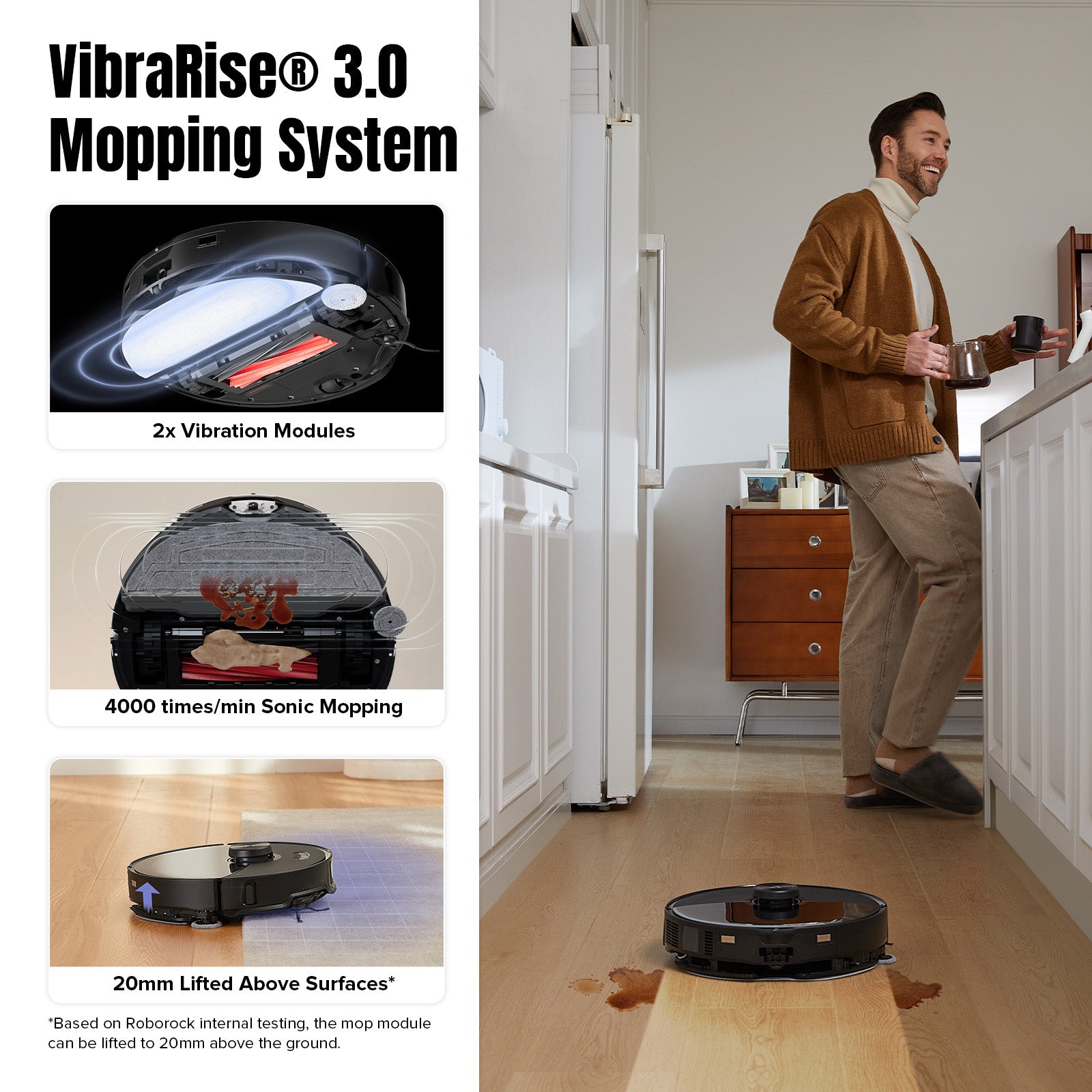 Robot vacuum mopping on hardwood floor, with on-screen VibraRise module inset