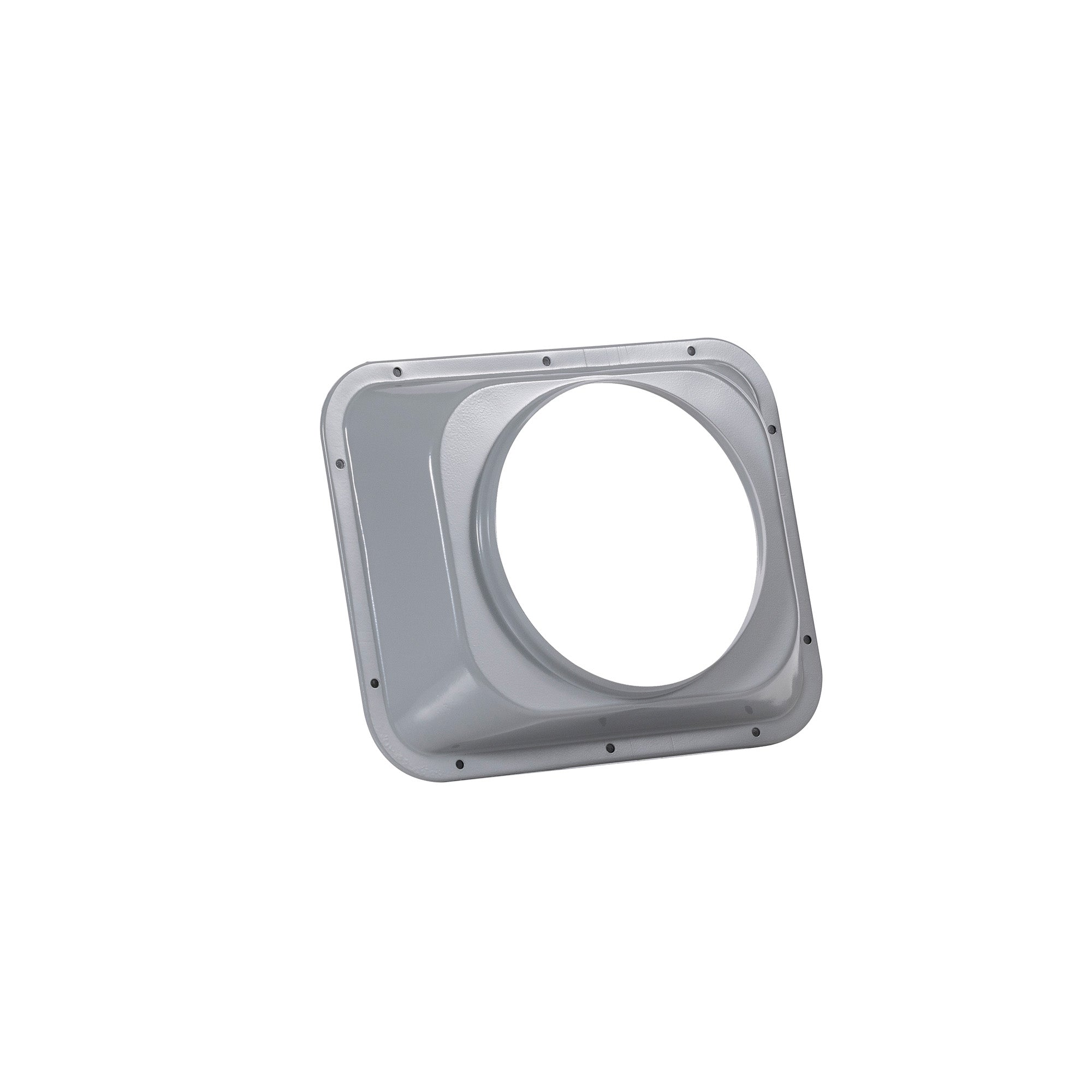 Metal duct collar adapter with round opening and mounting screw holes.