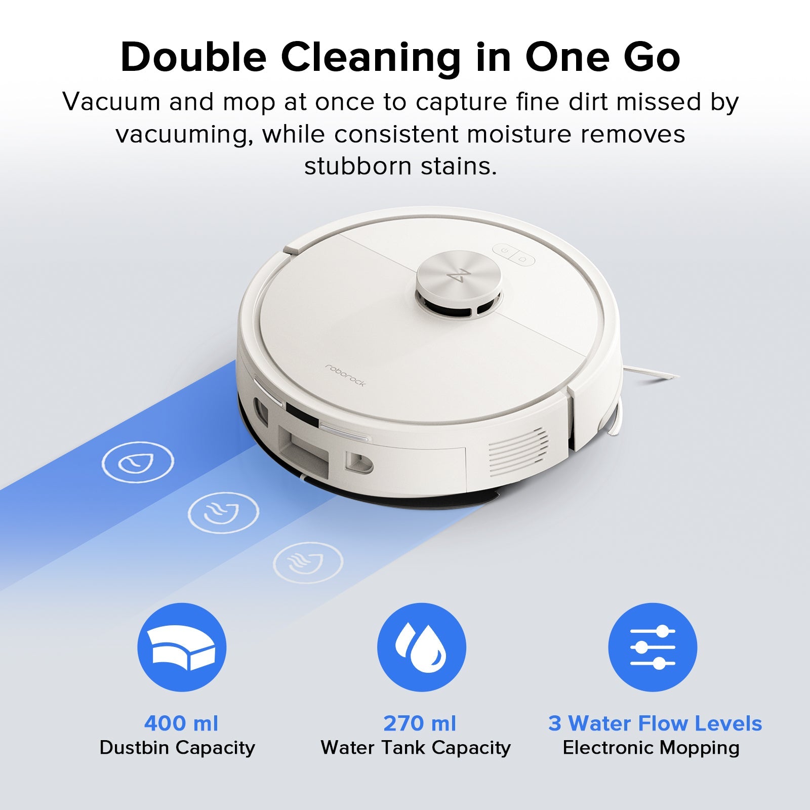White robot vacuum and mop with top control and side brush protruding