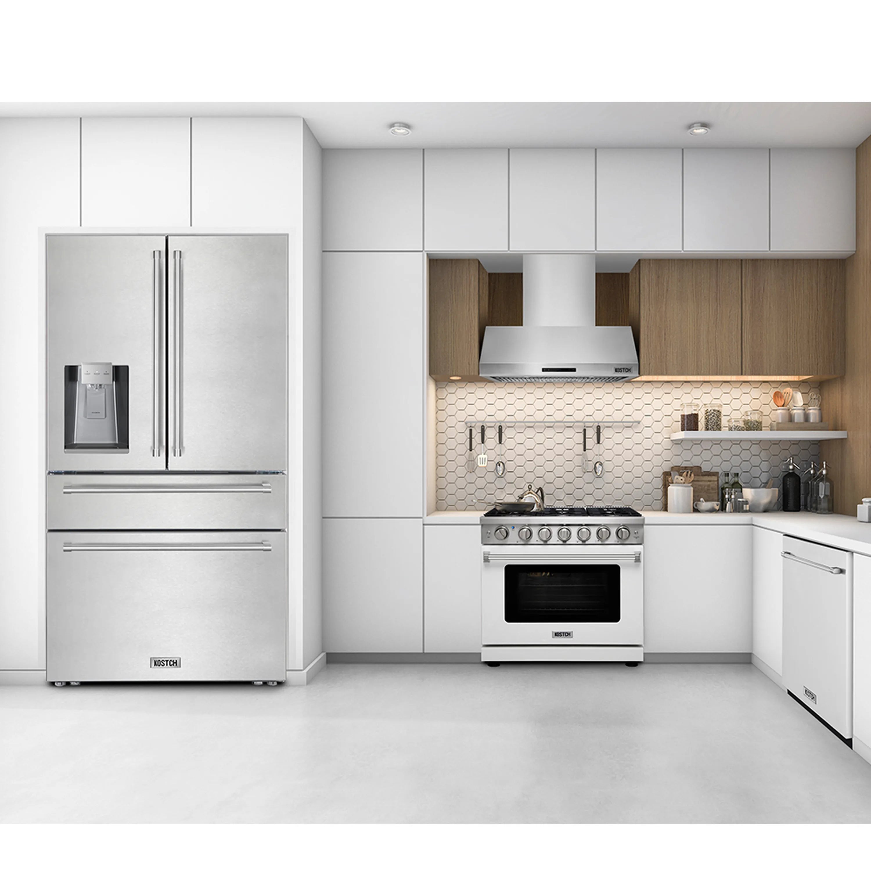 Stainless steel counter-depth refrigerator with water dispenser and interior doors