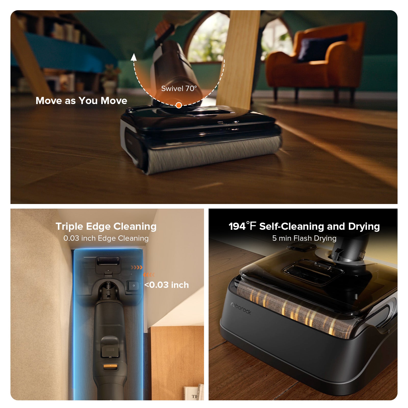 Robot vacuum cleaner base with flat mop roller and swivel cleaning head on wood floor