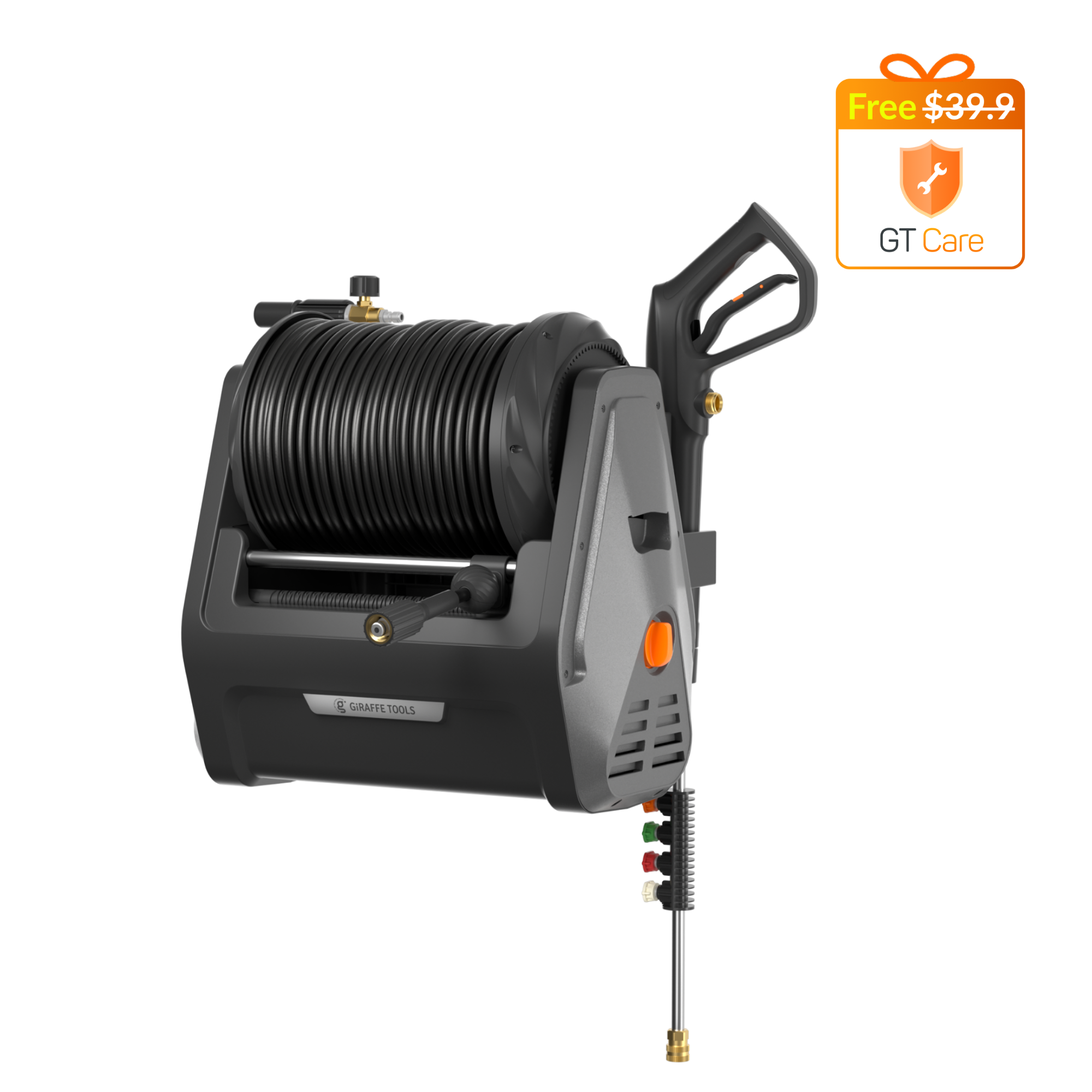 Black and gray retractable pressure washer with coiled hose and spray handle