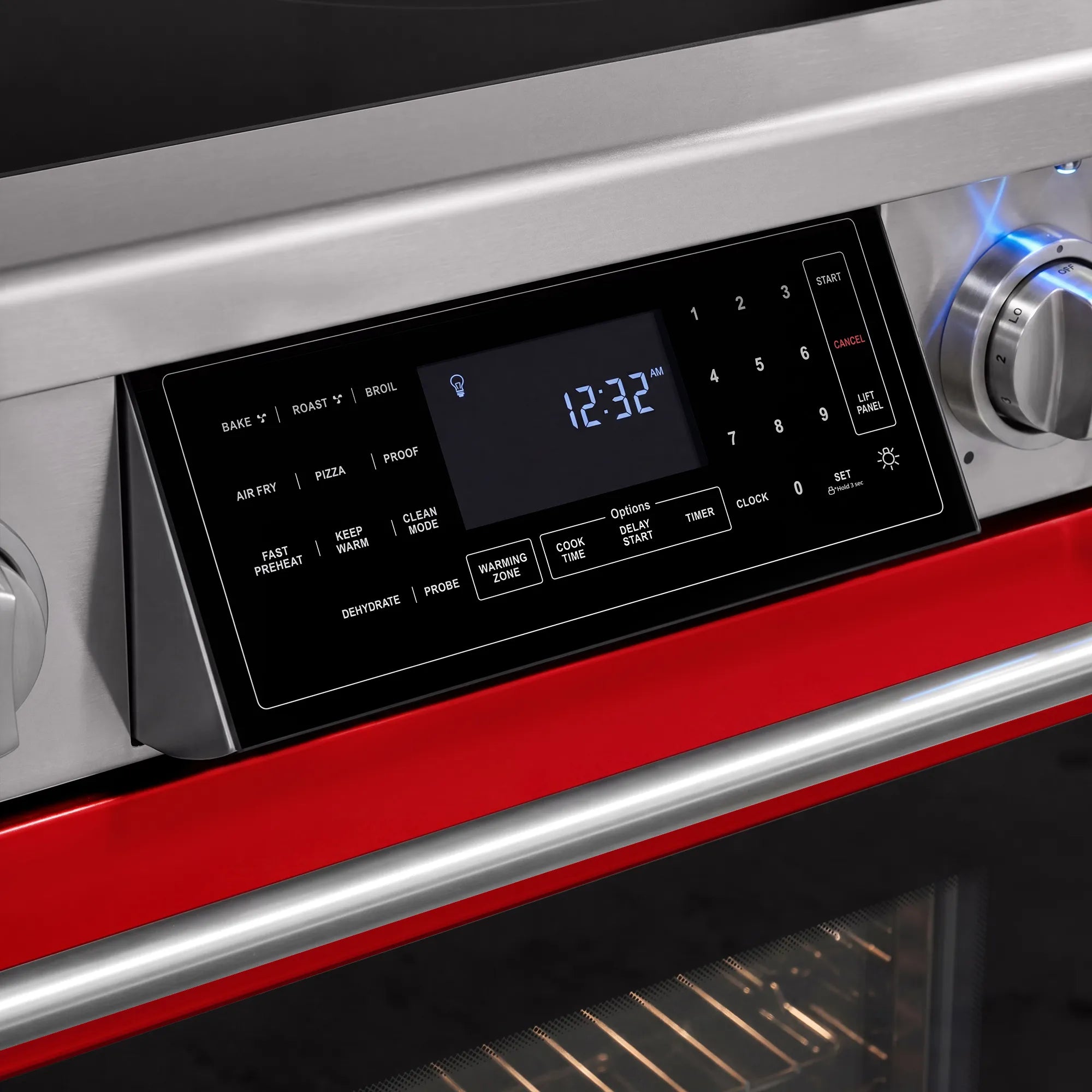 Front control panel with digital display and labeled cooking buttons on electric range