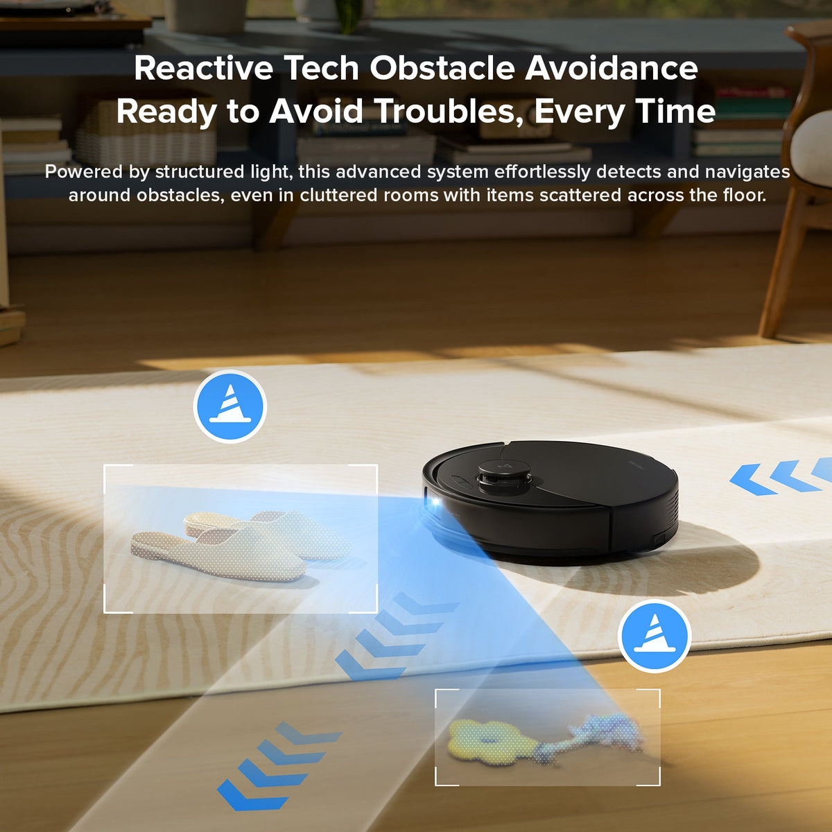 Robot vacuum and mop with obstacle-avoidance icons on light wood floor