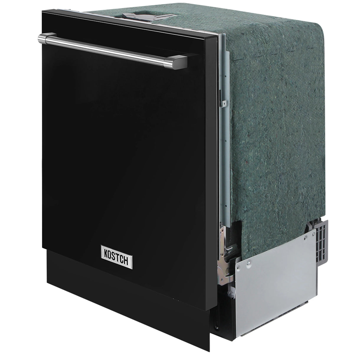 Black dishwasher door with stainless side panels and visible rack access