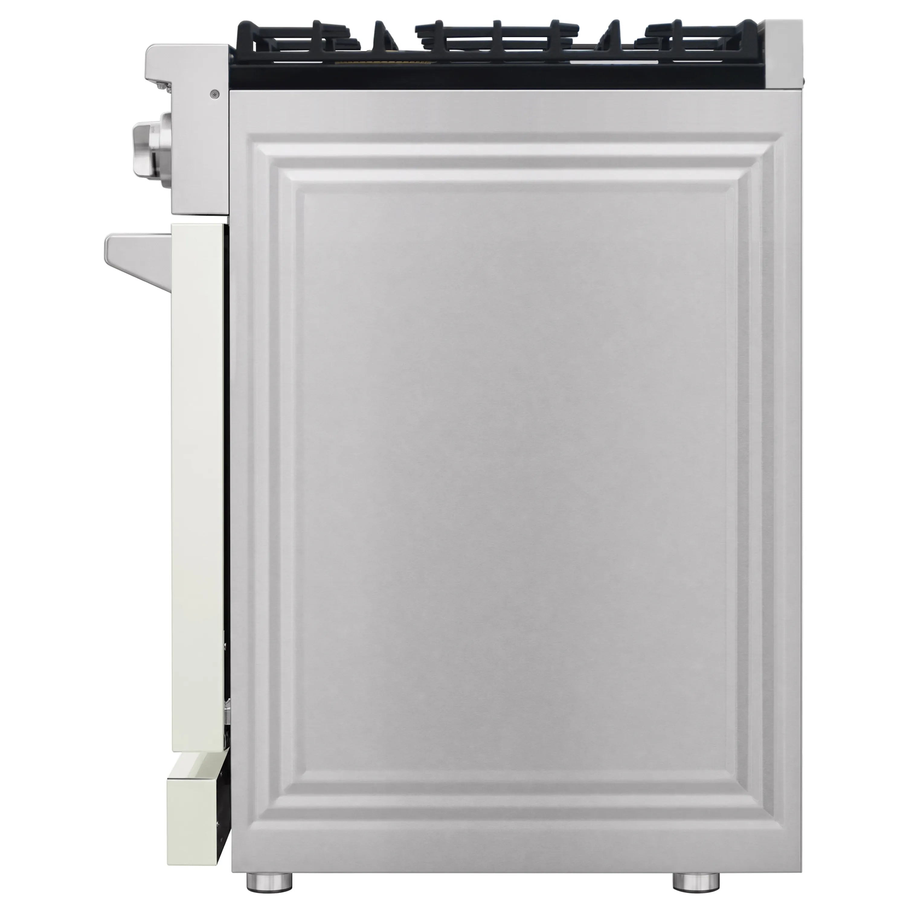 White gas range front with black burner grates and oven door panel trim
