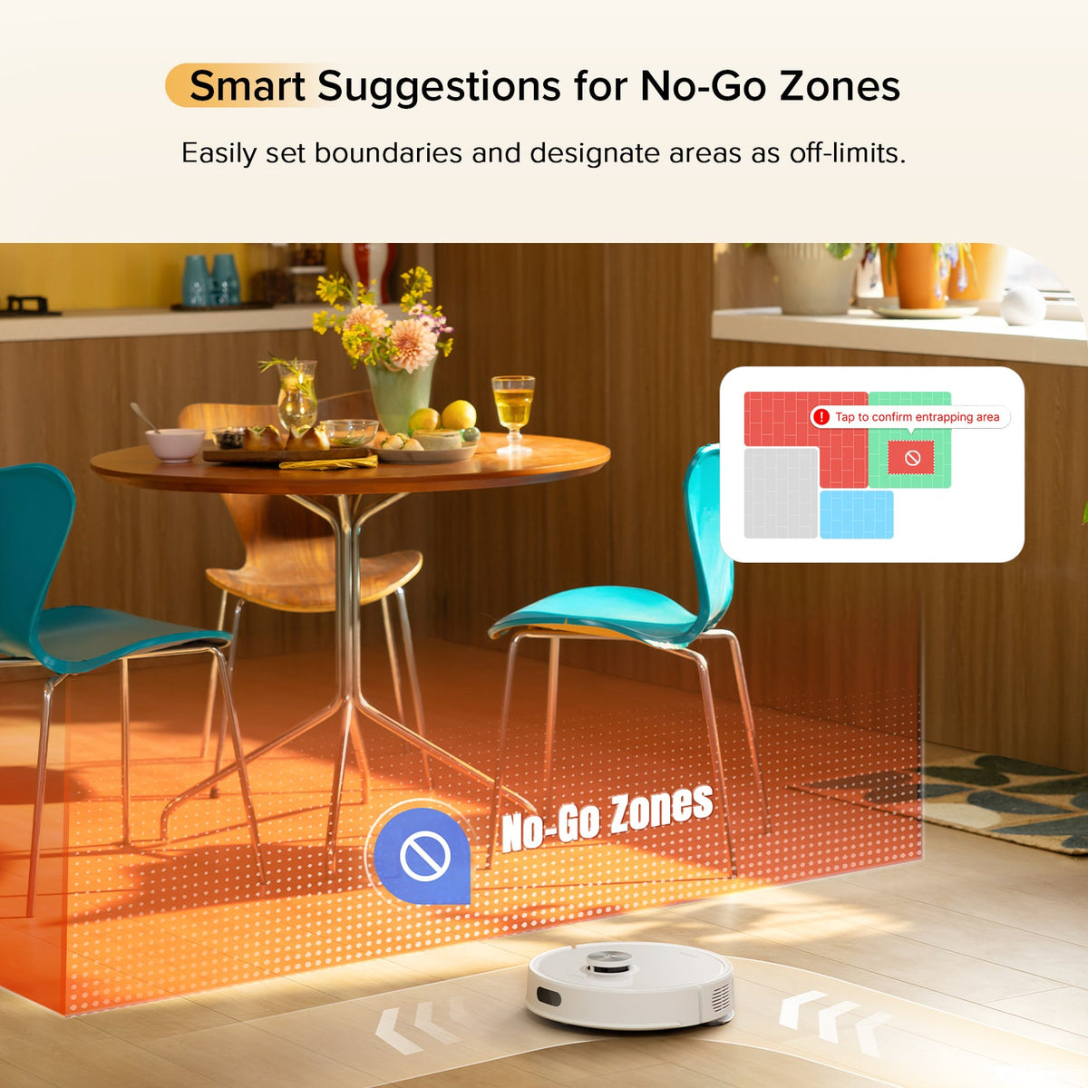 Roborock robot vacuum and mop, white unit with illuminated boundary ring