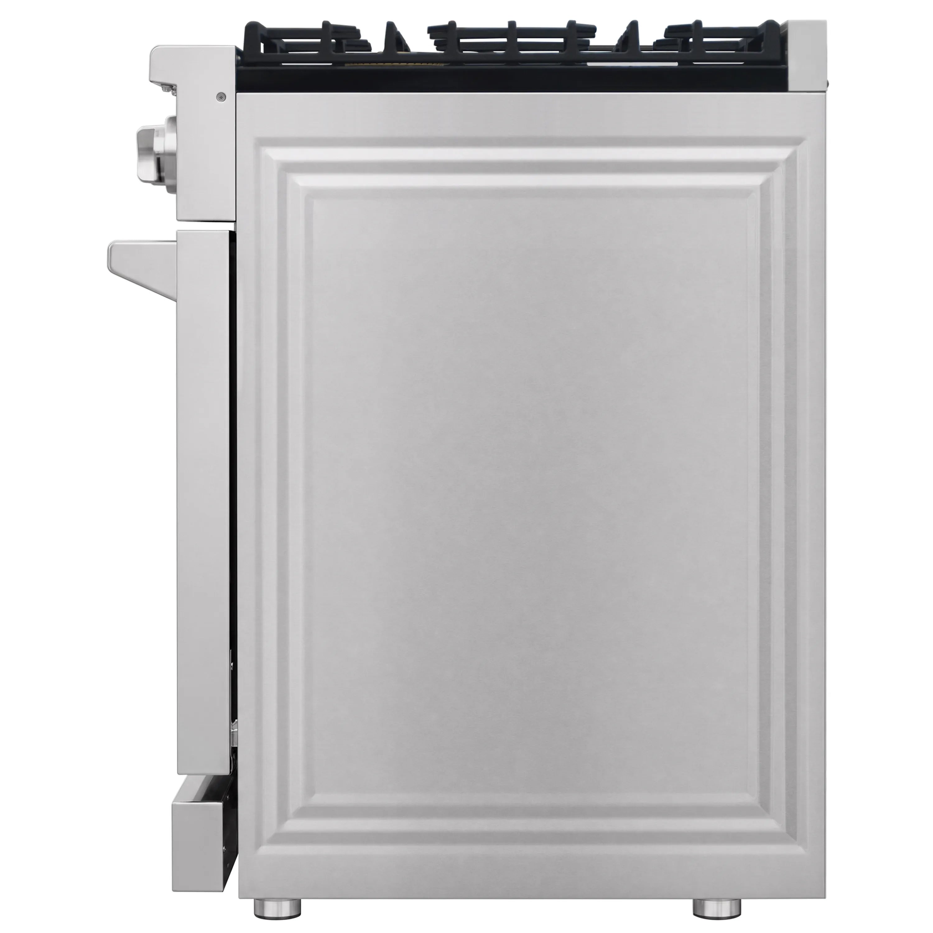 Stainless gas range rear service panel with raised cover and adjustable feet