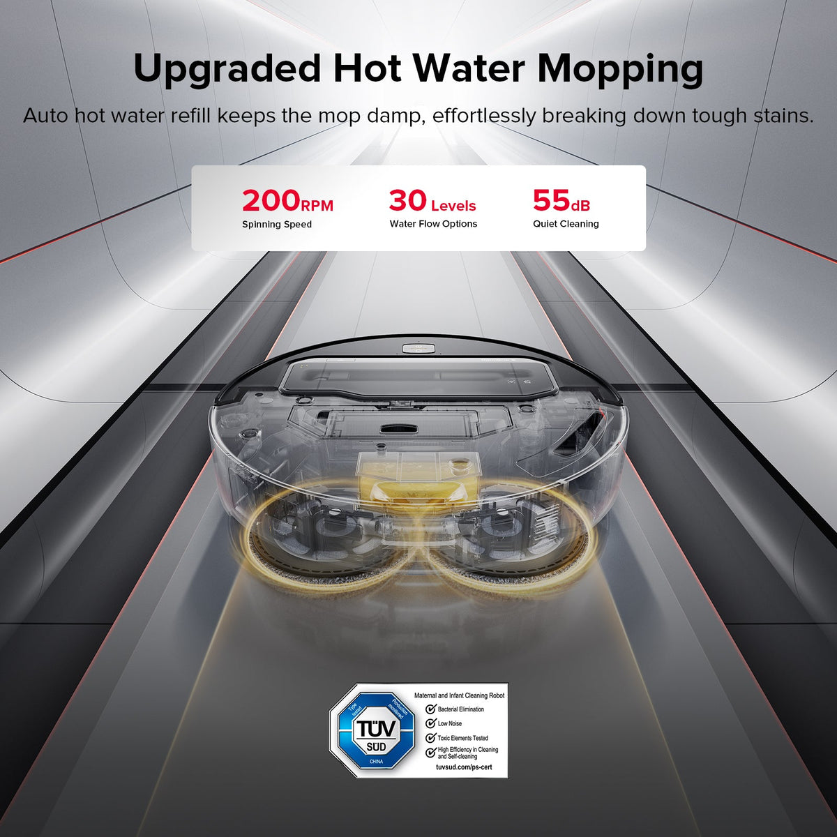 Robot vacuum top view with water-mop compartment and glowing mapping lines