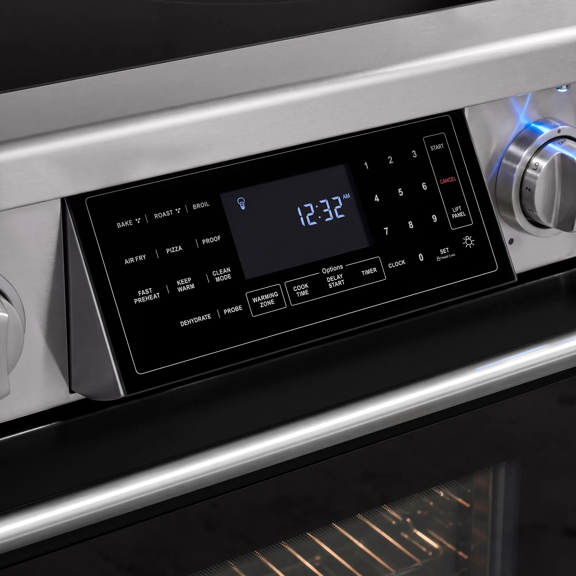 Stainless electric range touchscreen control panel with digital display and burner buttons