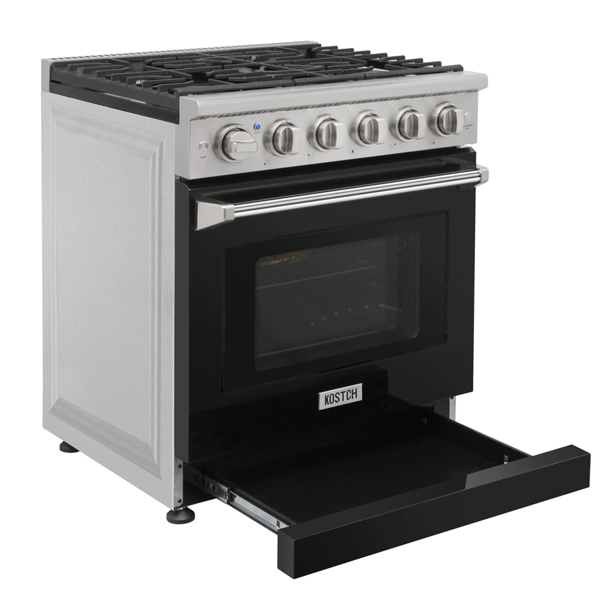 Propane gas range with open black oven door, stainless controls, and burner top