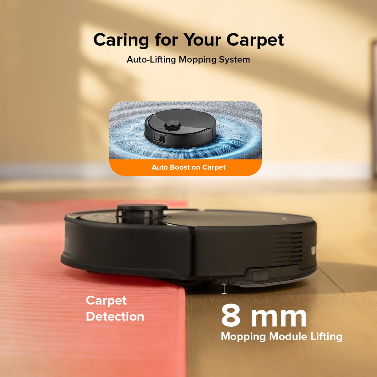 Black robot vacuum and mop on floor tiles with auto-lifting mopping module
