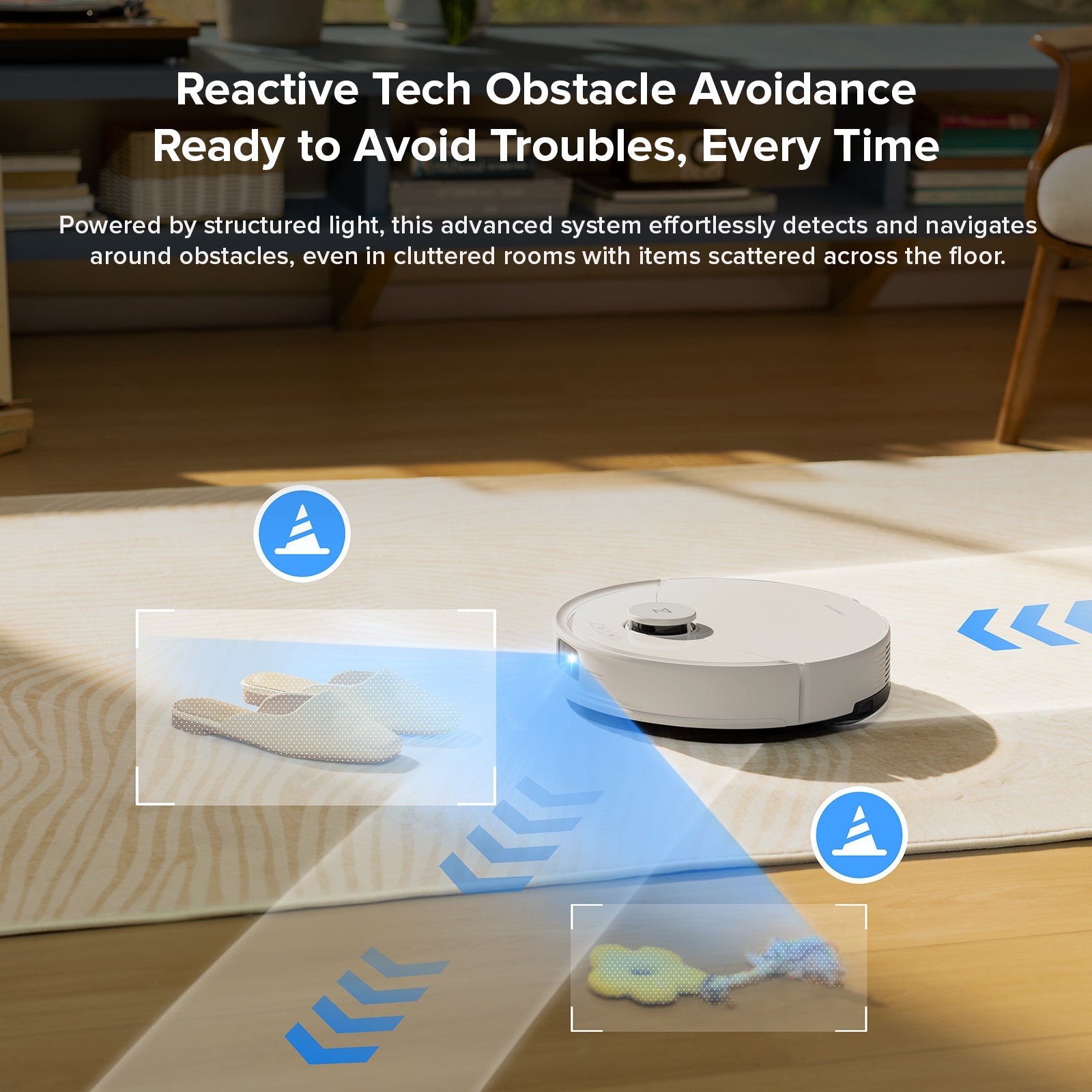 White robot vacuum and mop detecting obstacles with sensor indicator icons