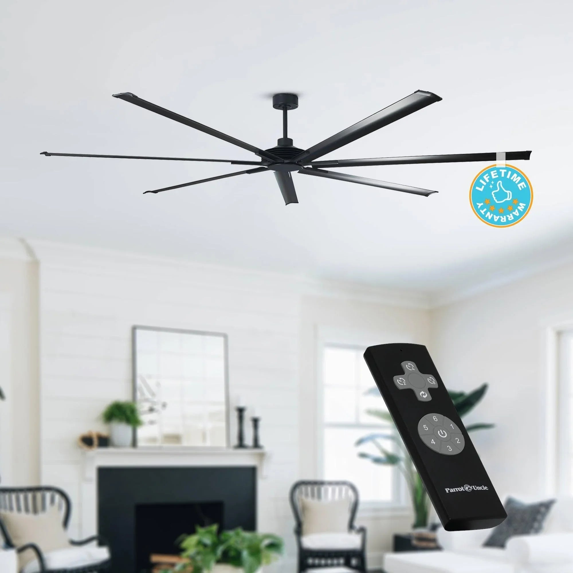 Black ceiling fan with remote control handset beside the fan motor