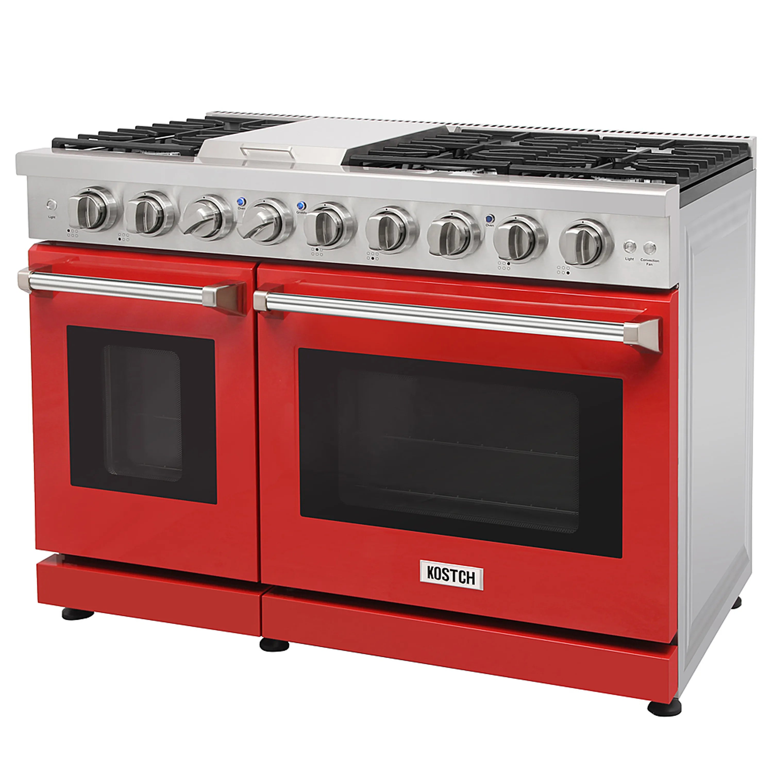Red gas range front with black oven windows, control knobs, and six burner grates