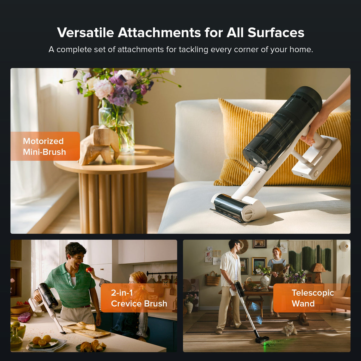 Cordless stick vacuum with mini motorized brush, 2-in-1 crevice tool, telescopic wand