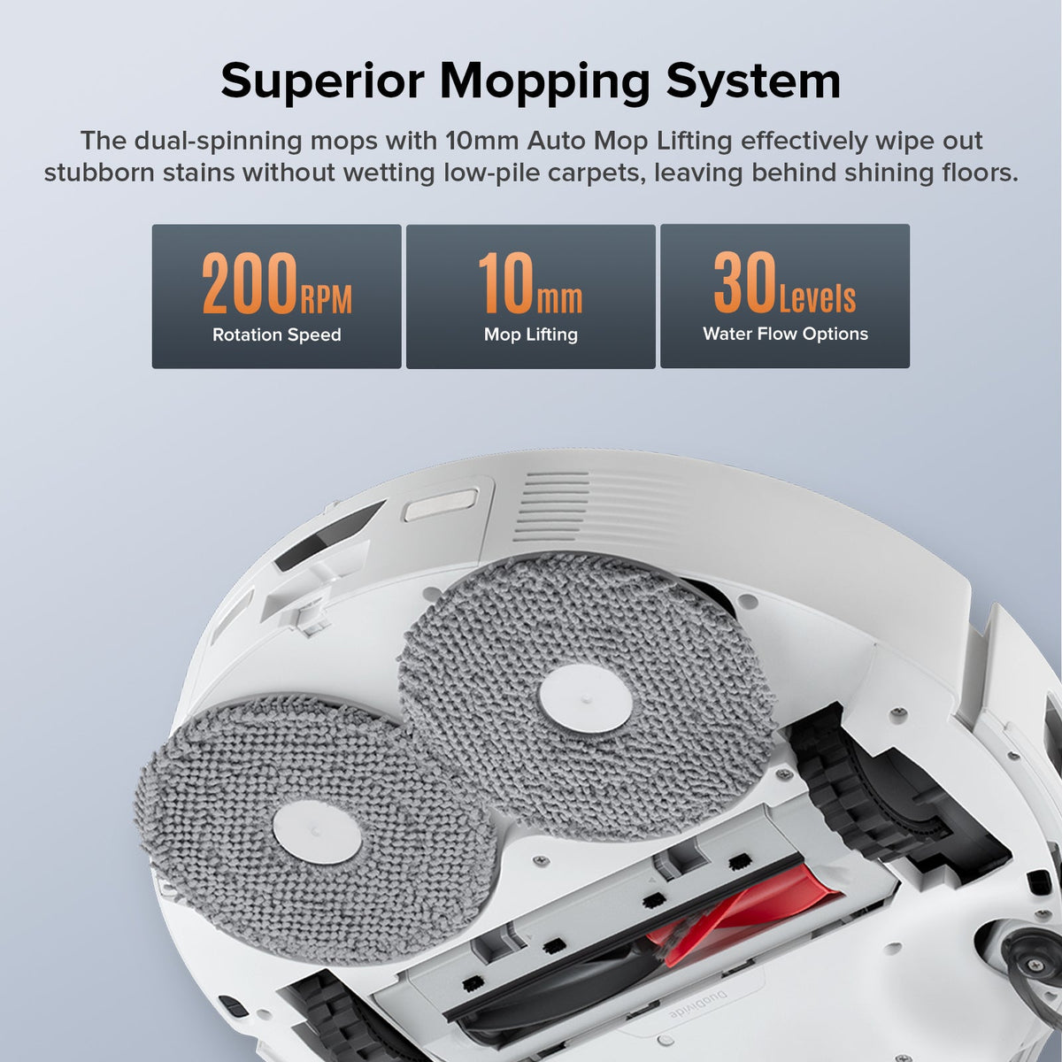 Robot vacuum underside with two gray mopping pads and cleaning module components