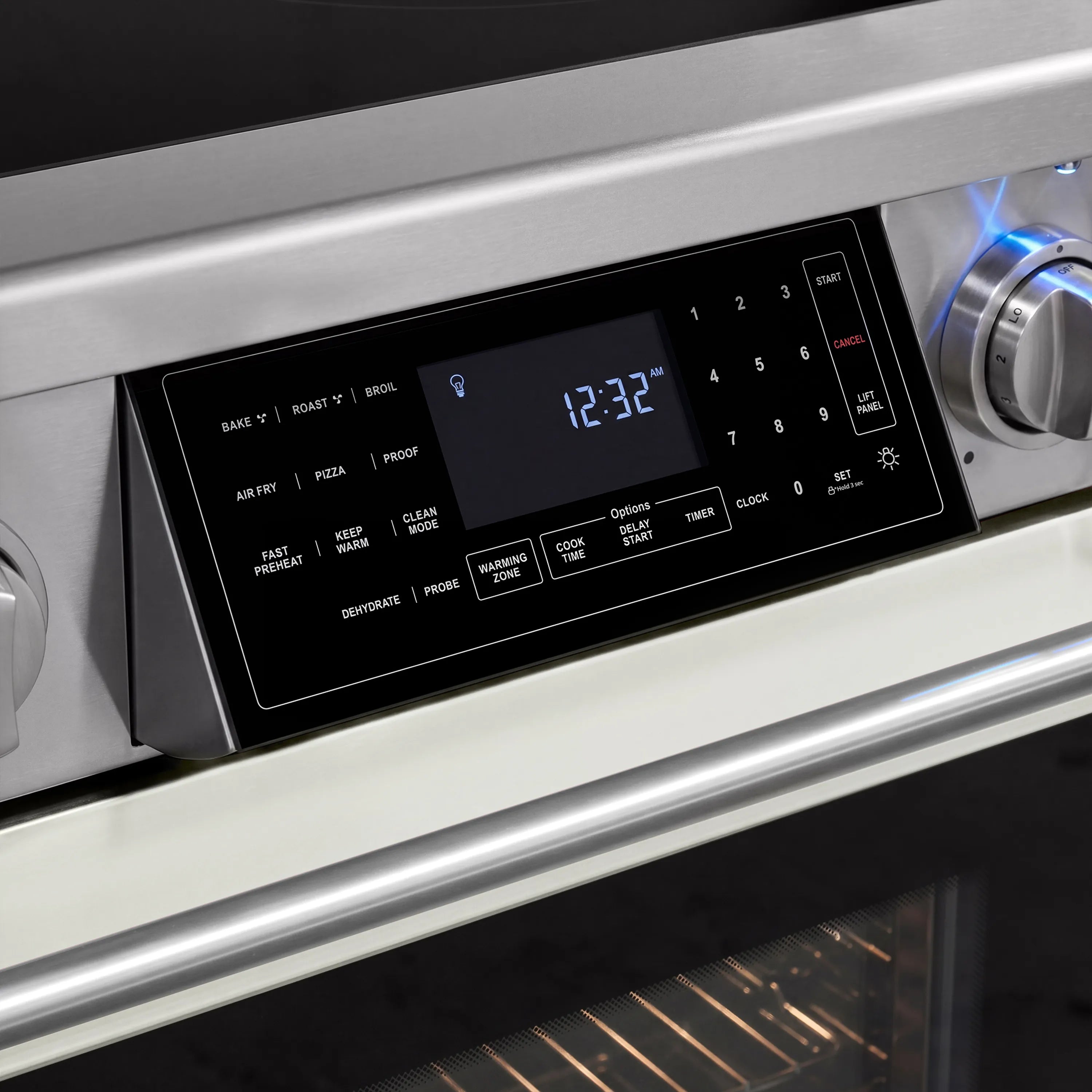 Electric range control panel with digital display, touch buttons, and knobs