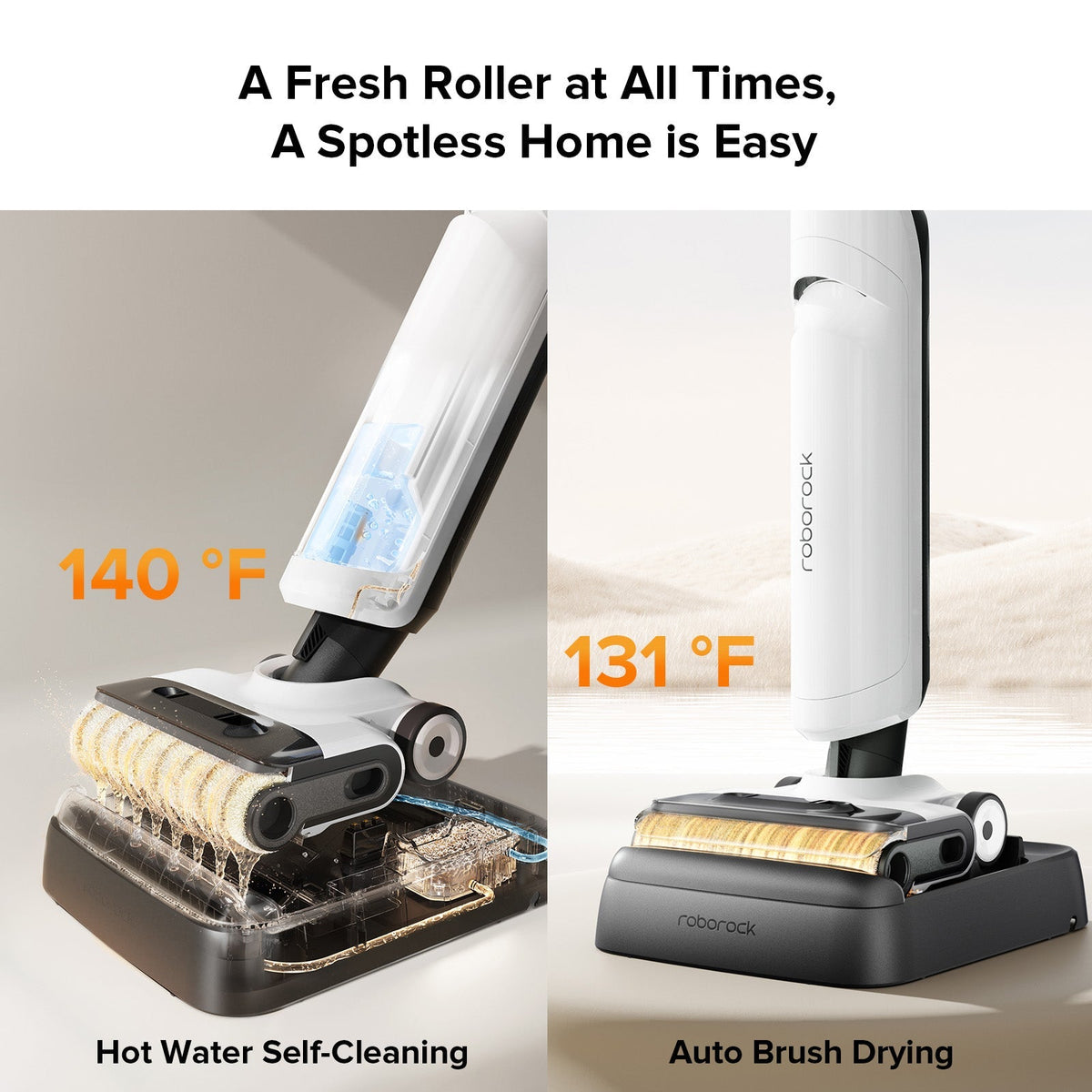 White wet and dry vacuum cleaner with roller mop head shown with self-cleaning water
