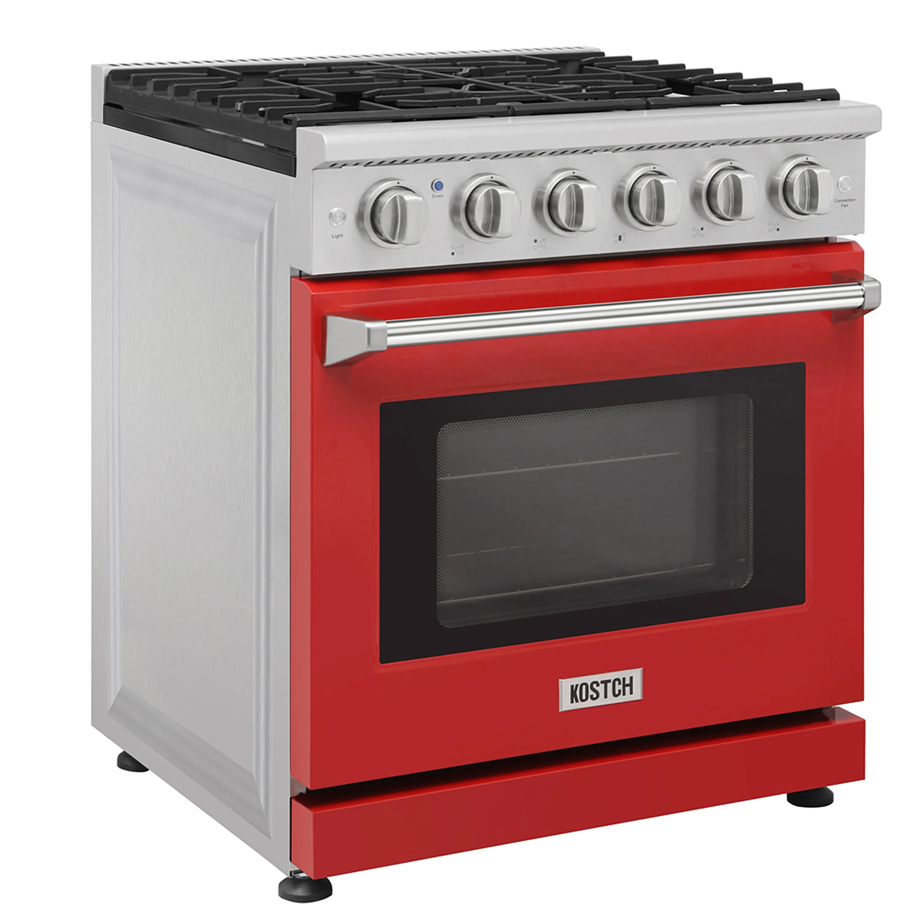 Red 30-inch gas range with control knobs and black oven window