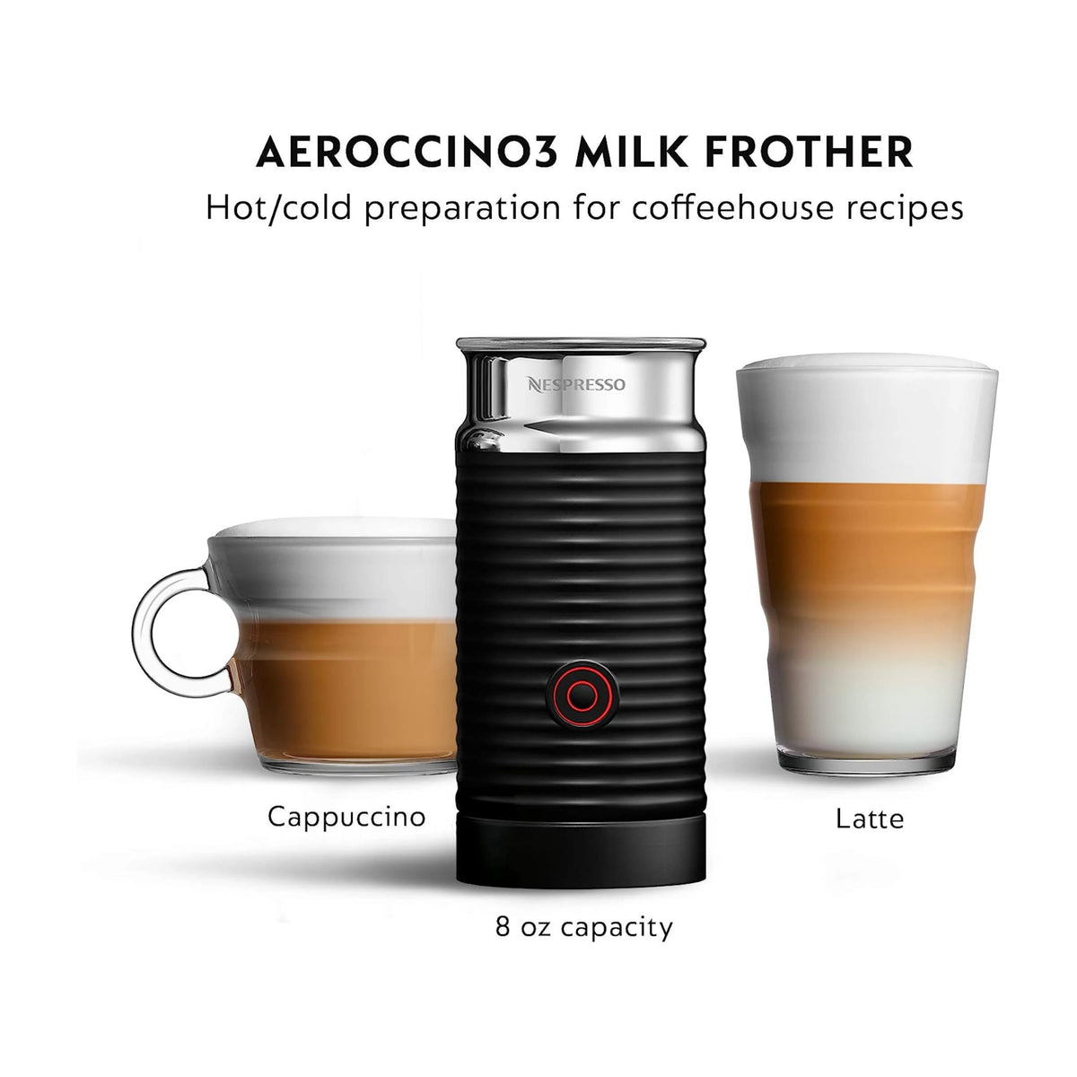 Black Aeroccino3 milk frother with cappuccino and latte cups