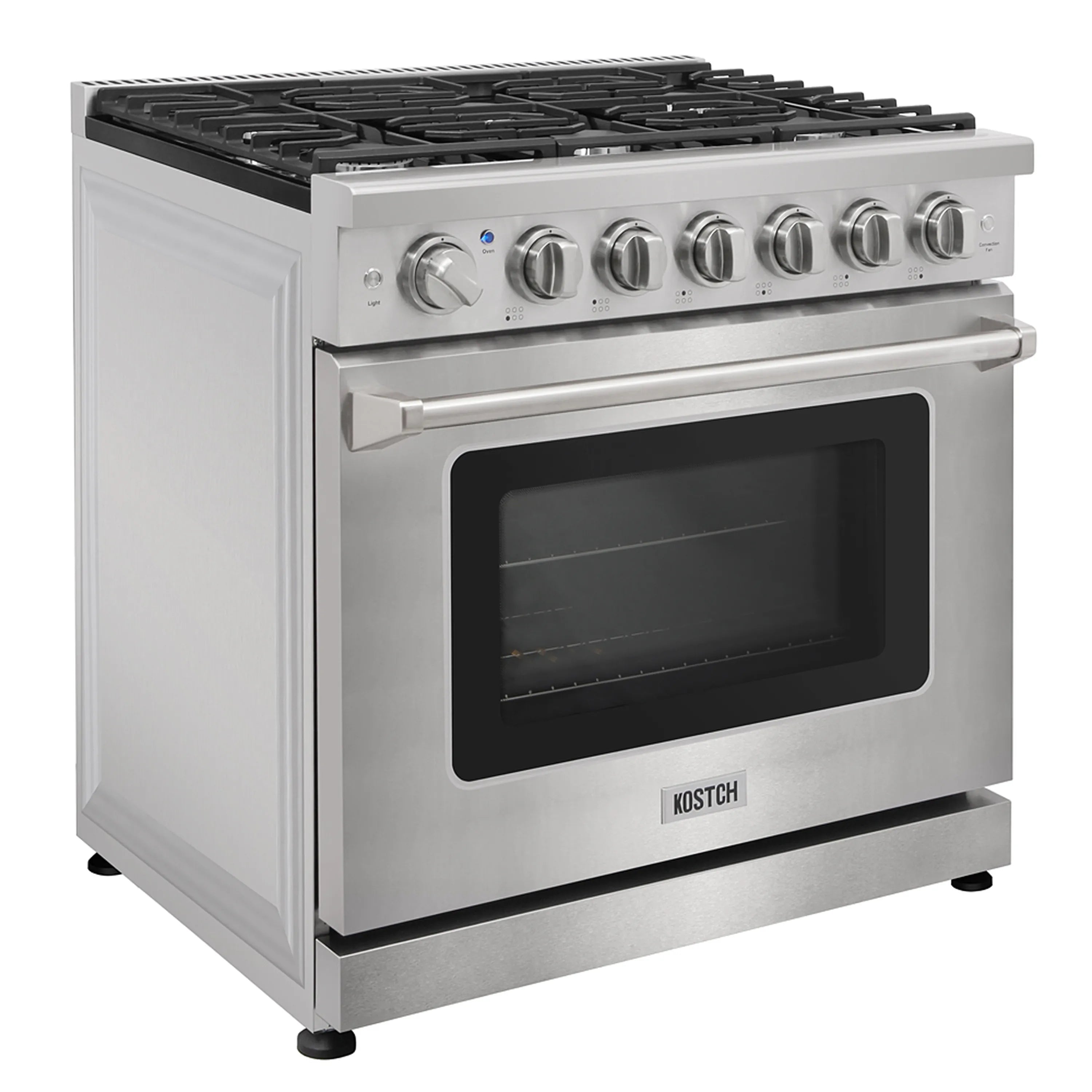 Stainless steel 6-burner propane gas range with closed oven door and control knobs
