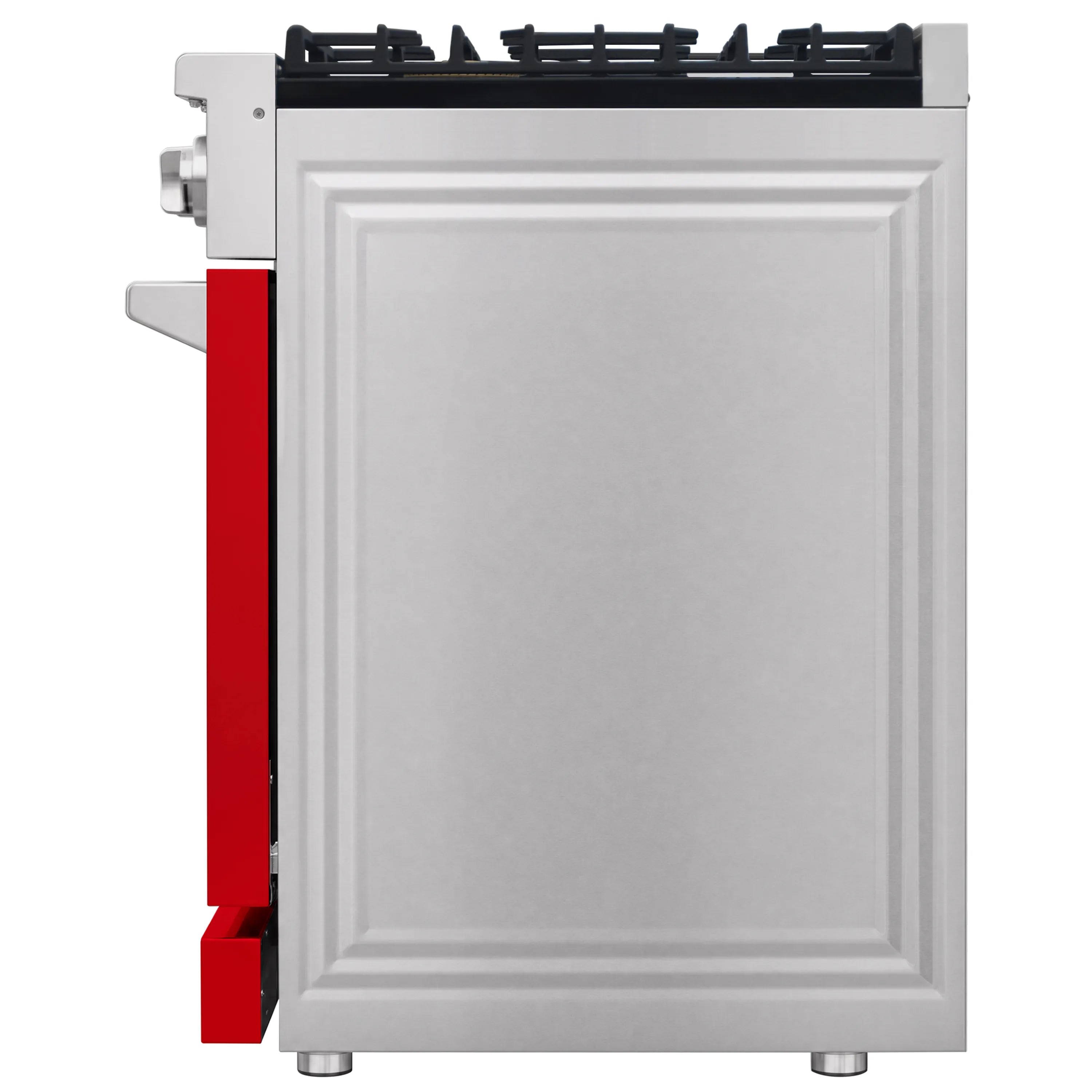 Stainless housing panel on a red gas range, side/rear view with leveling feet