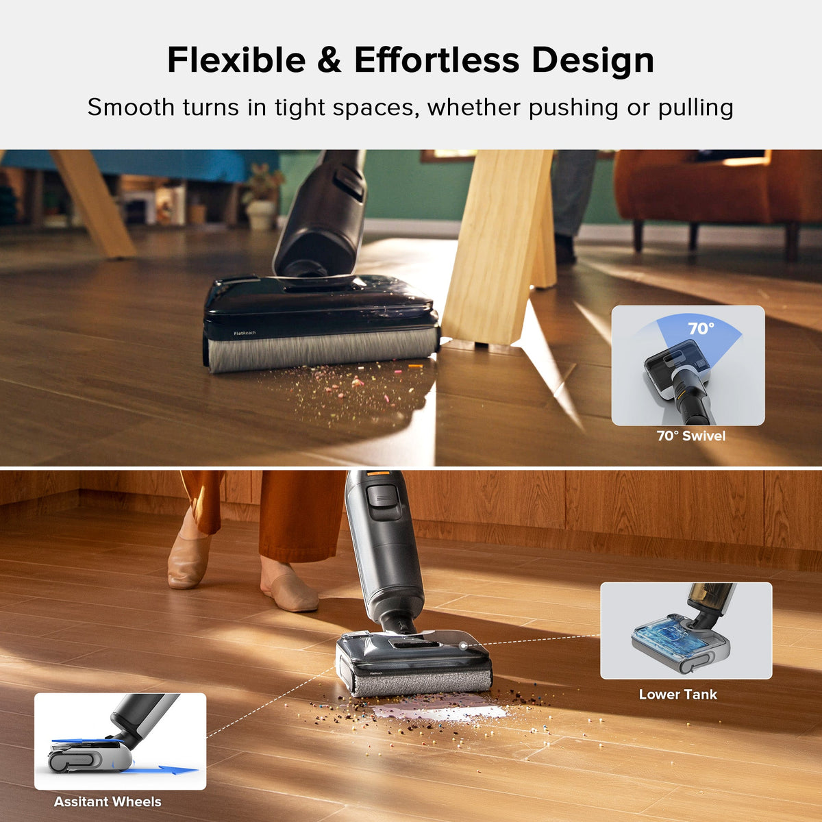 Wet and dry vacuum cleaner with swiveling floor head for tight spaces, black and gray