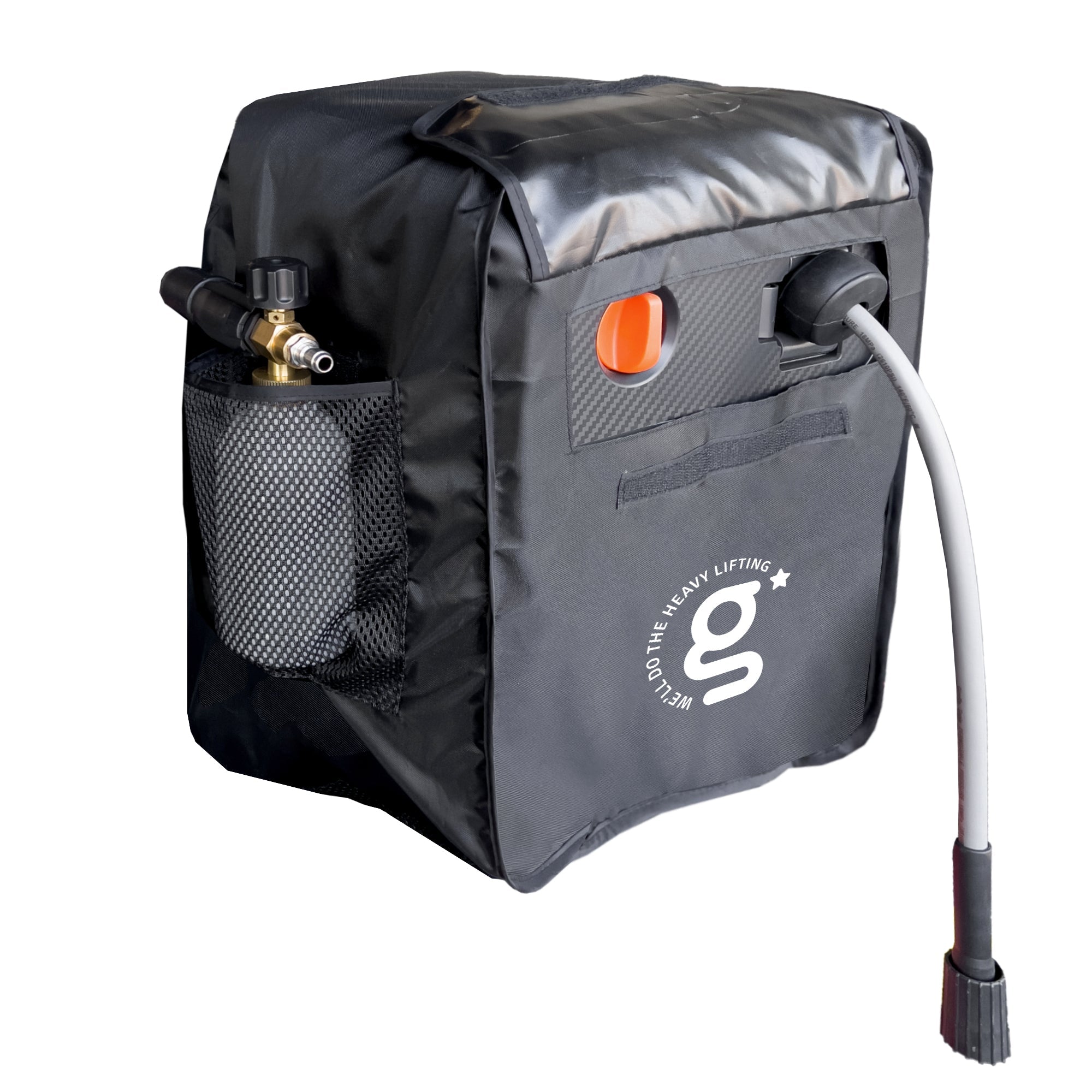 Pressure washer storage cover with built-in organizer pockets and orange control knob