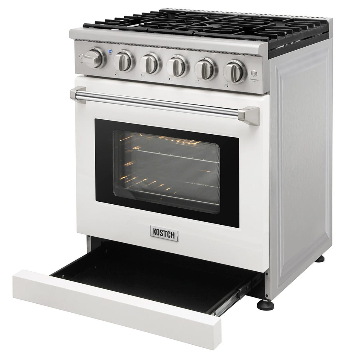 White propane gas range with 5 burners; oven door open and warming drawer extended.