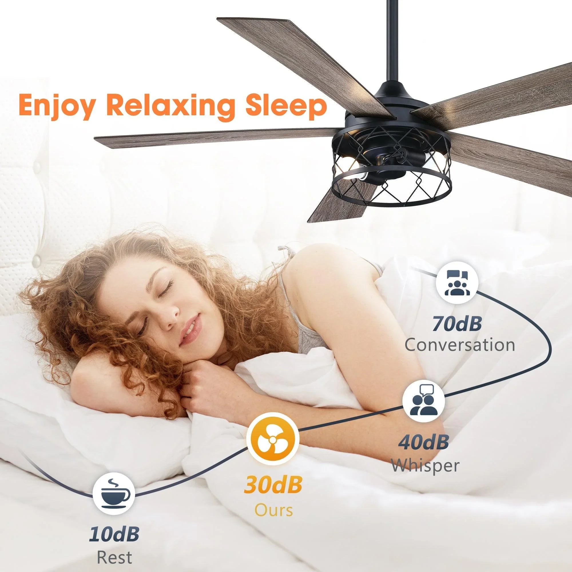 Black five-blade ceiling fan with reversible wood-tone blades and light fixture