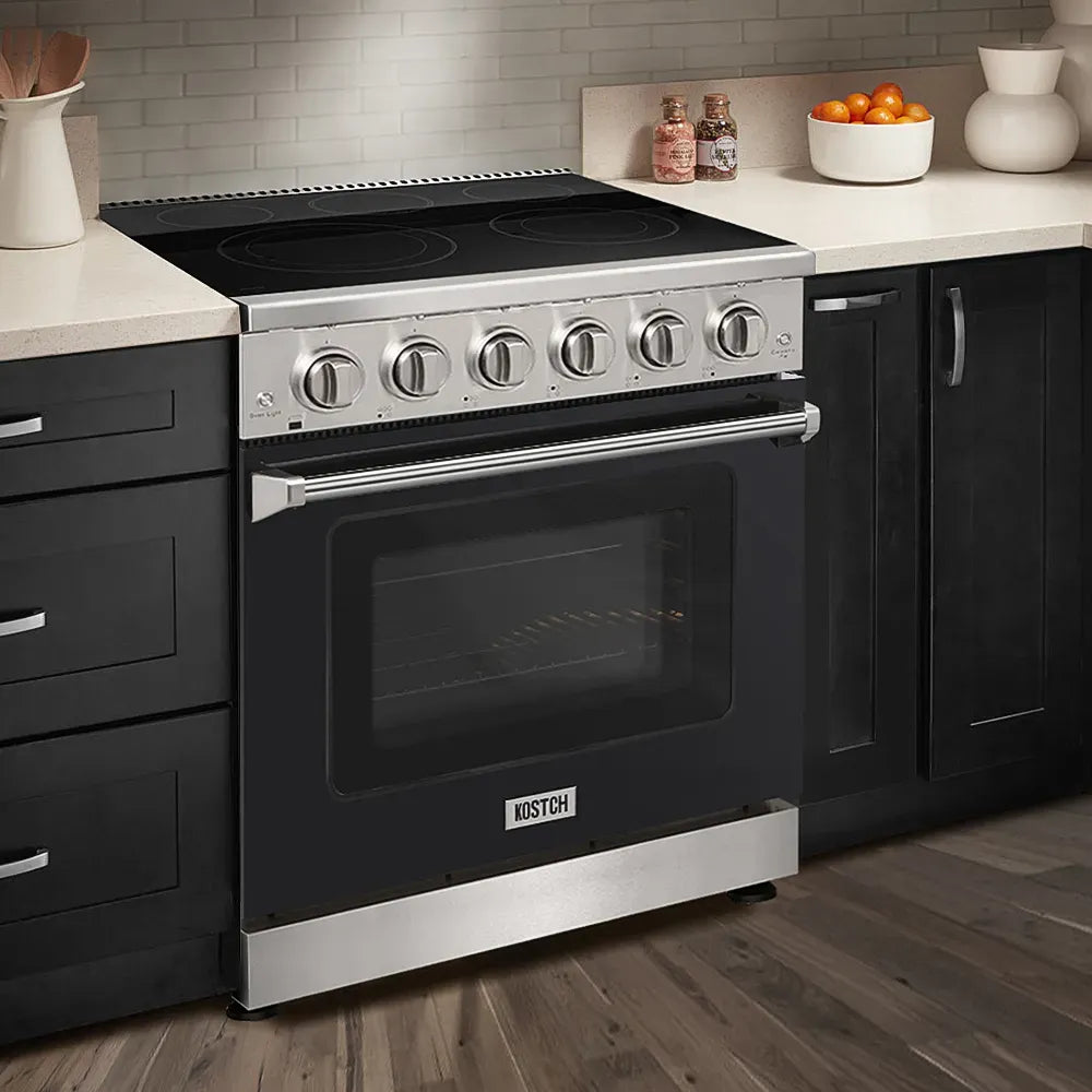 Kostch black electric range with glass cooktop, five knobs, and oven door handle