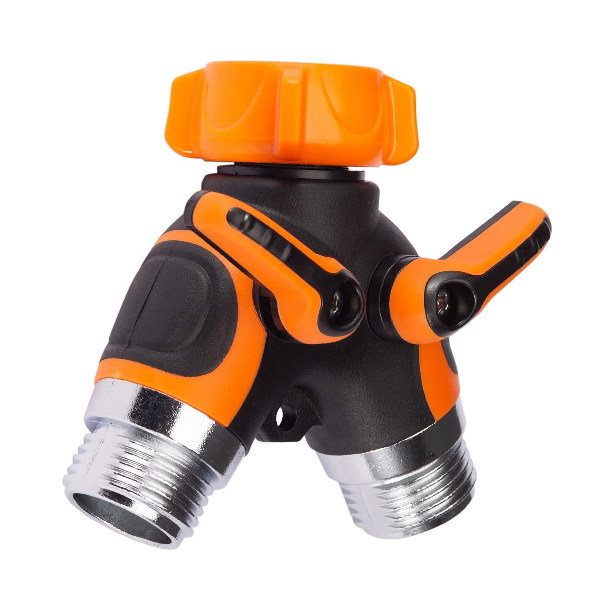 Metal water hose splitter with orange top cap, two silver threaded outlet ports