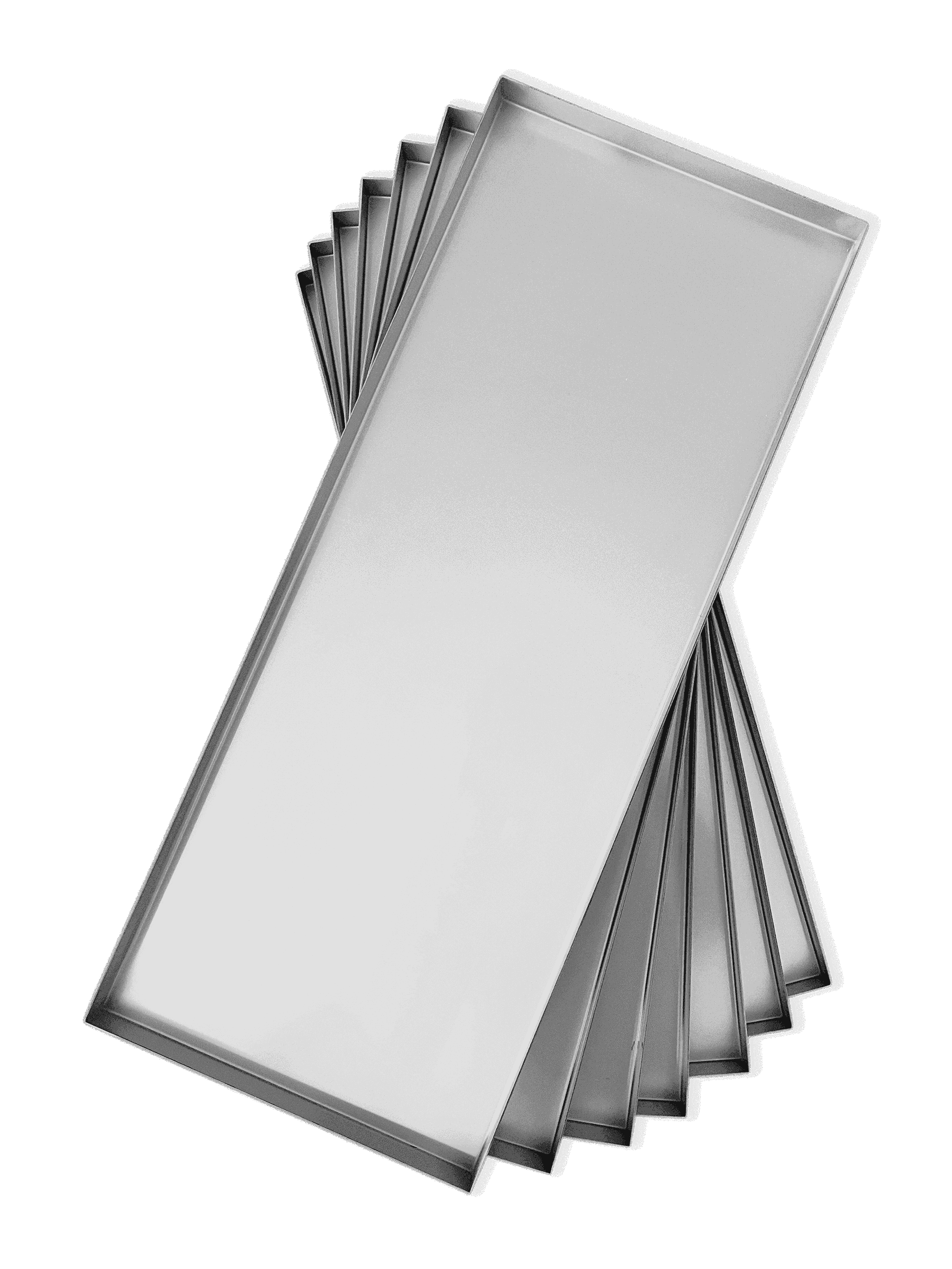 Stack of stainless steel freeze dryer trays, rectangular with shiny metal edges