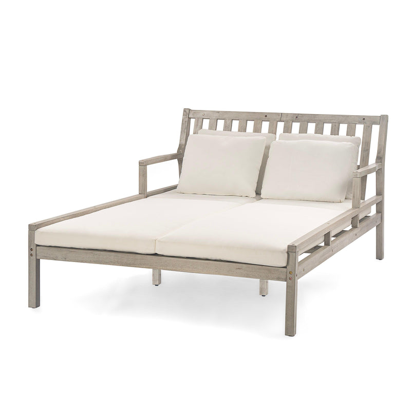 Parrot Uncle Outdoor Patio Daybed with Four Pillows, Wooden Outdoor Bed with Curved Armrests for Poolside, Backyard, Garden