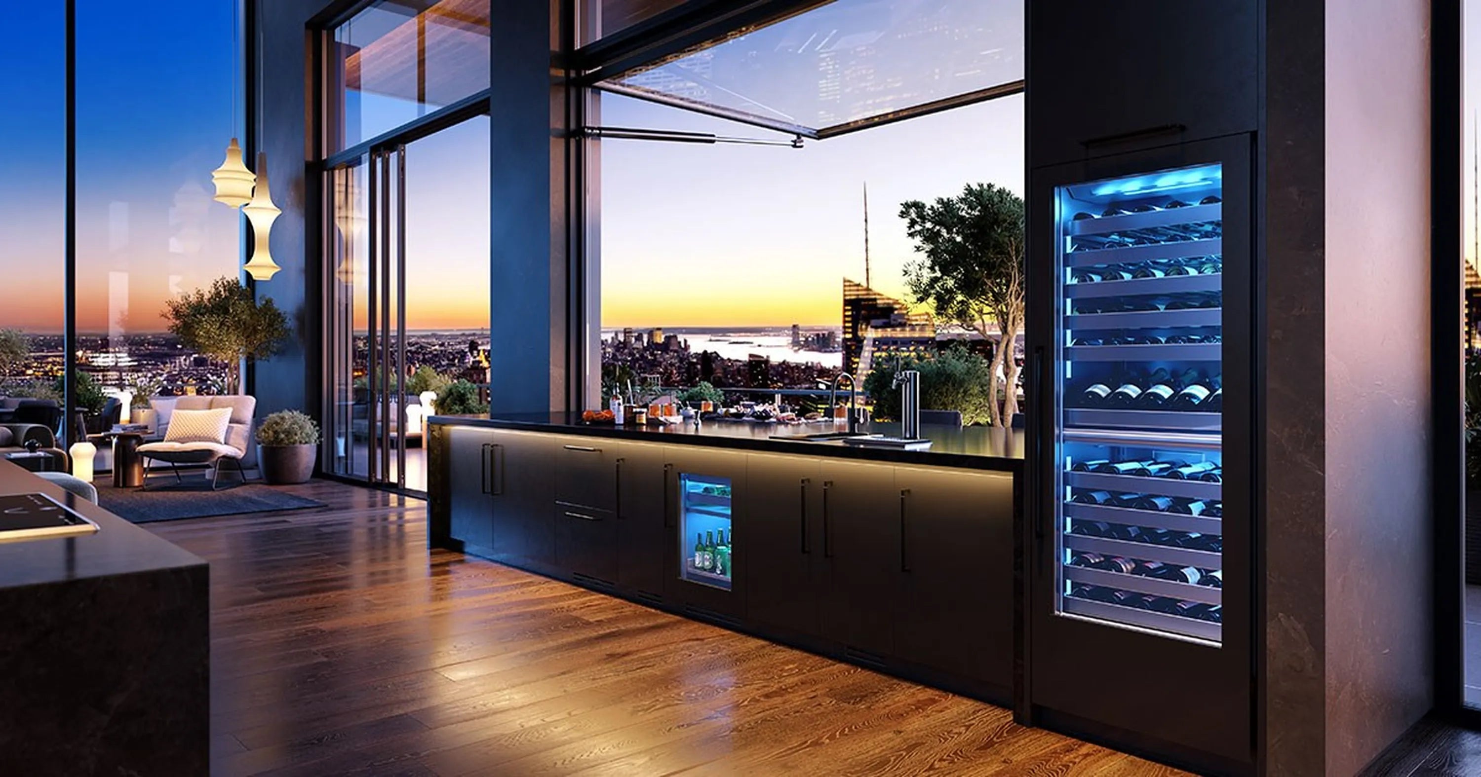Stainless undercounter refrigerator unit with door closed and blue-lit interior racks