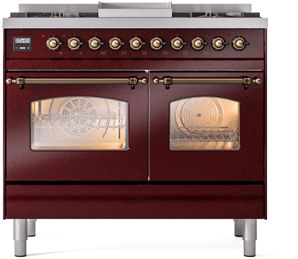 Burgundy dual-fuel freestanding range with bronze control panel, burners, and two ovens