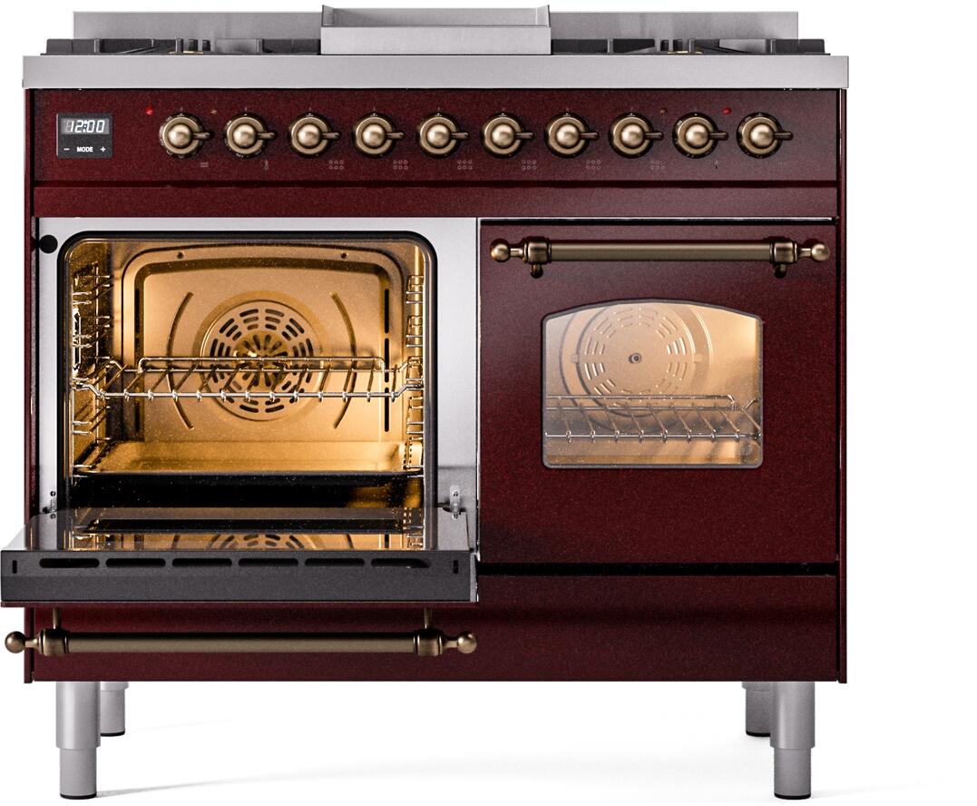 Burgundy freestanding dual-fuel range with left oven door open and glass window, bronze trim