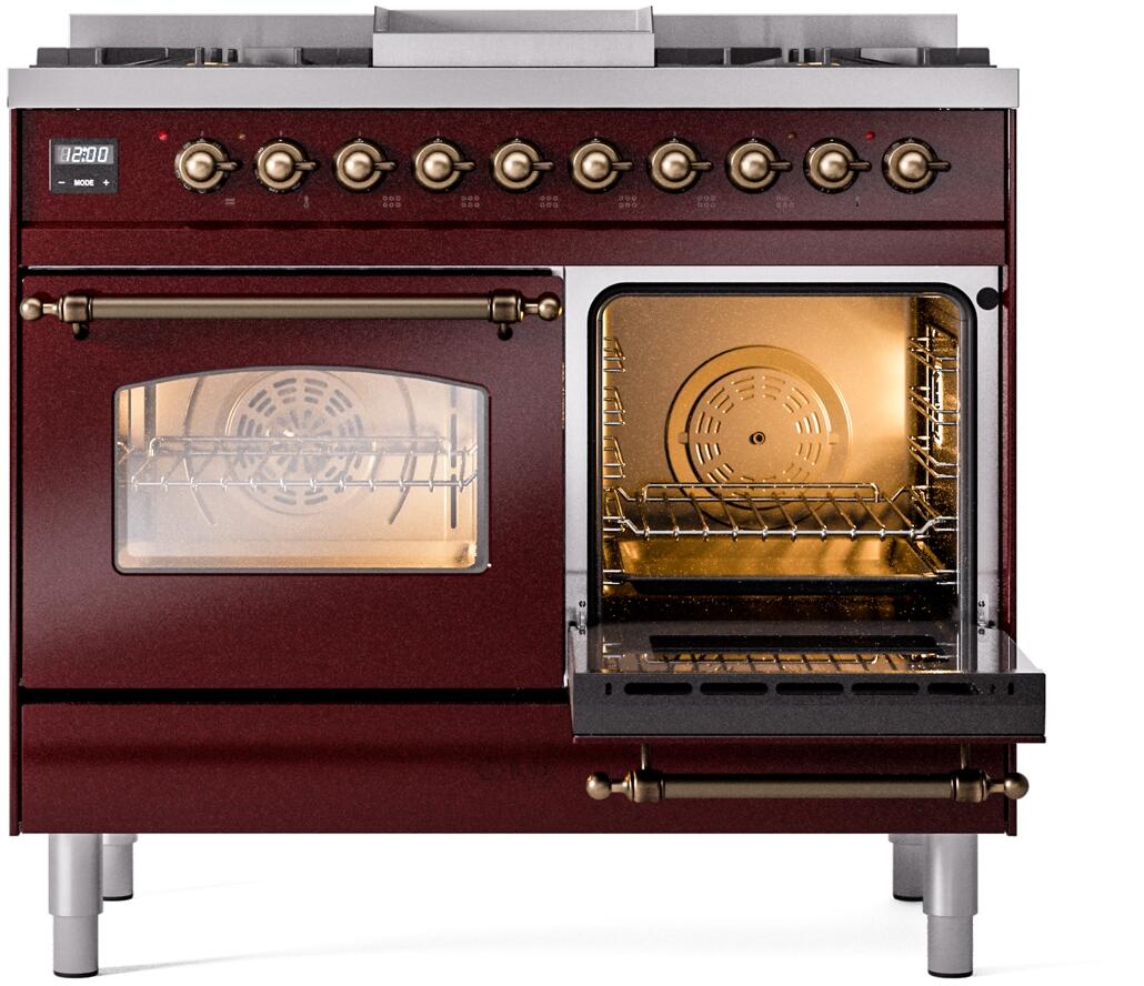 Burgundy freestanding dual fuel range with one oven open and one oven door closed