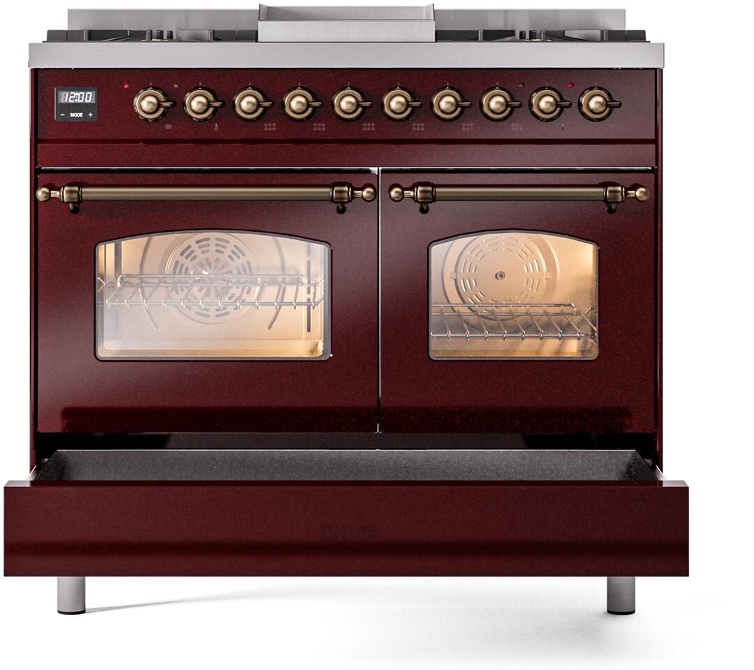 Burgundy freestanding dual fuel range with bronze knobs and two lit oven windows