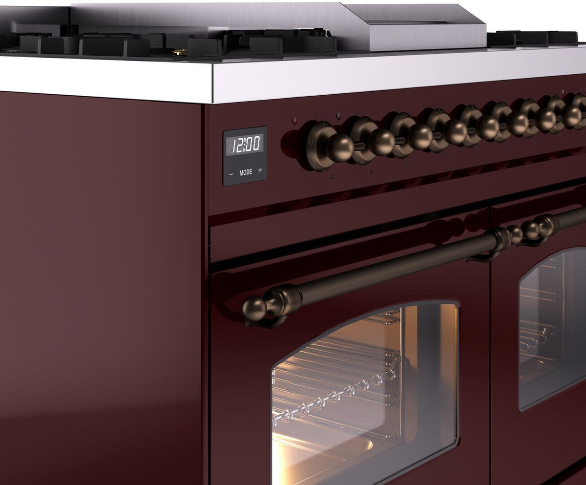 Burgundy dual-fuel freestanding range with bronze control panel and oven door window
