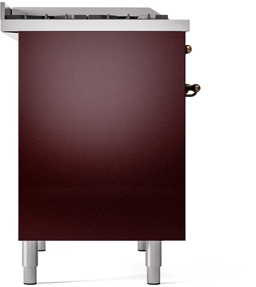 Burgundy side panel of a freestanding dual-fuel range with white leveling feet