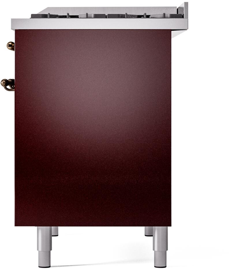 Back panel view of a burgundy freestanding dual-fuel range with white leveling feet