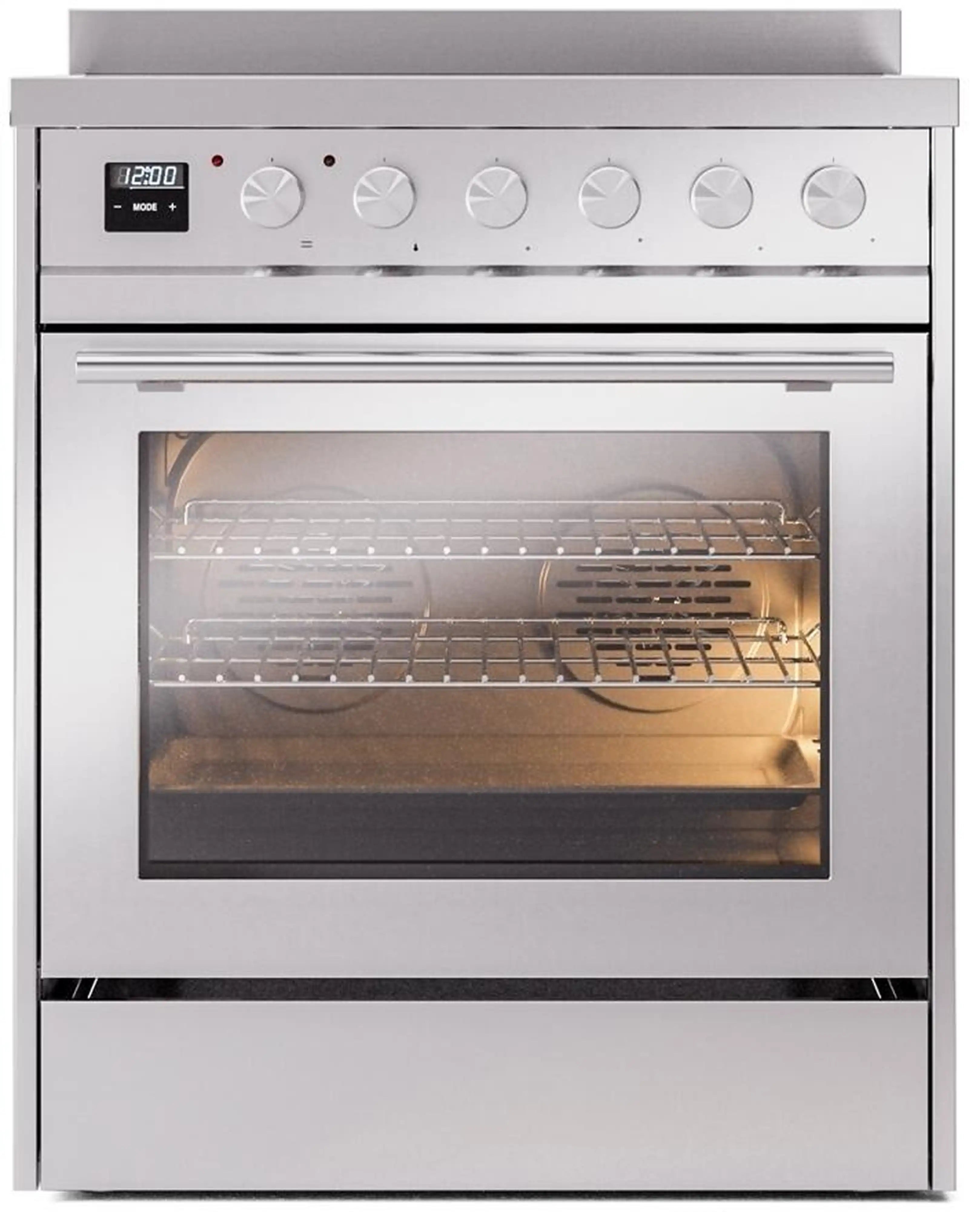 Stainless 30-inch induction range with oven door and six burner control knobs