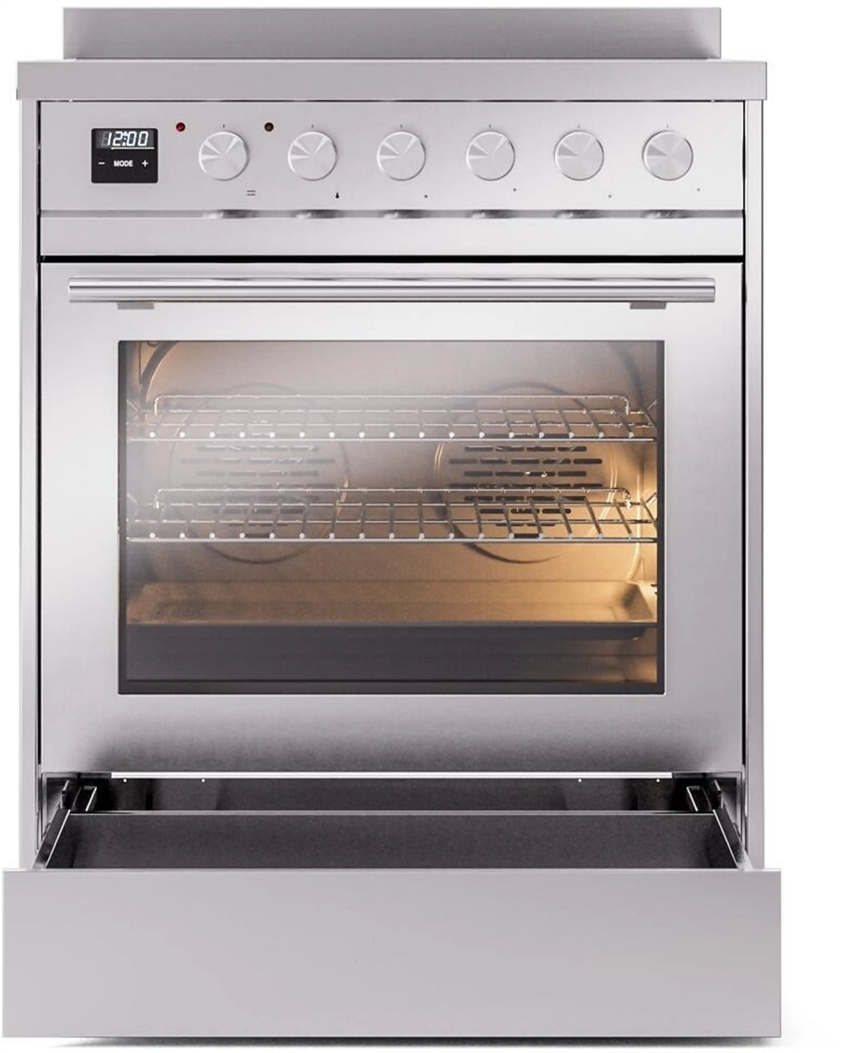 Stainless induction range with oven door open, empty racks and broil area visible