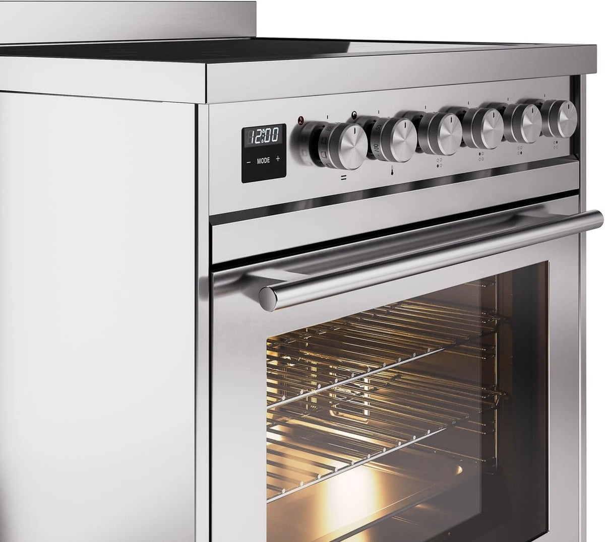 Stainless range control panel with digital display and round burner knobs